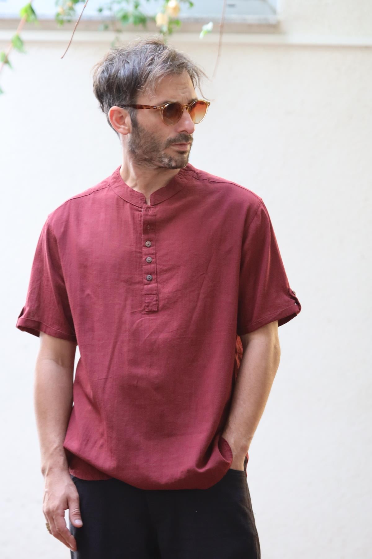 Burgundy Buttoned Short Sleeve Mandarin Collar Men's Shirt