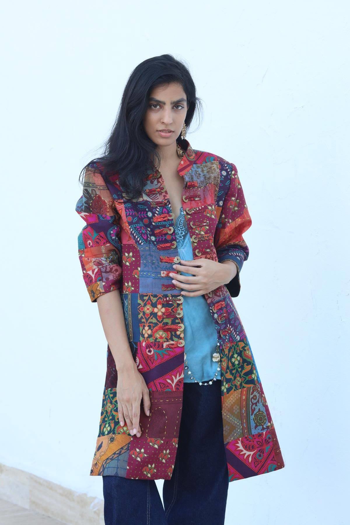 Bordo Otantik Dikişli Patchwork Uzun Ceket