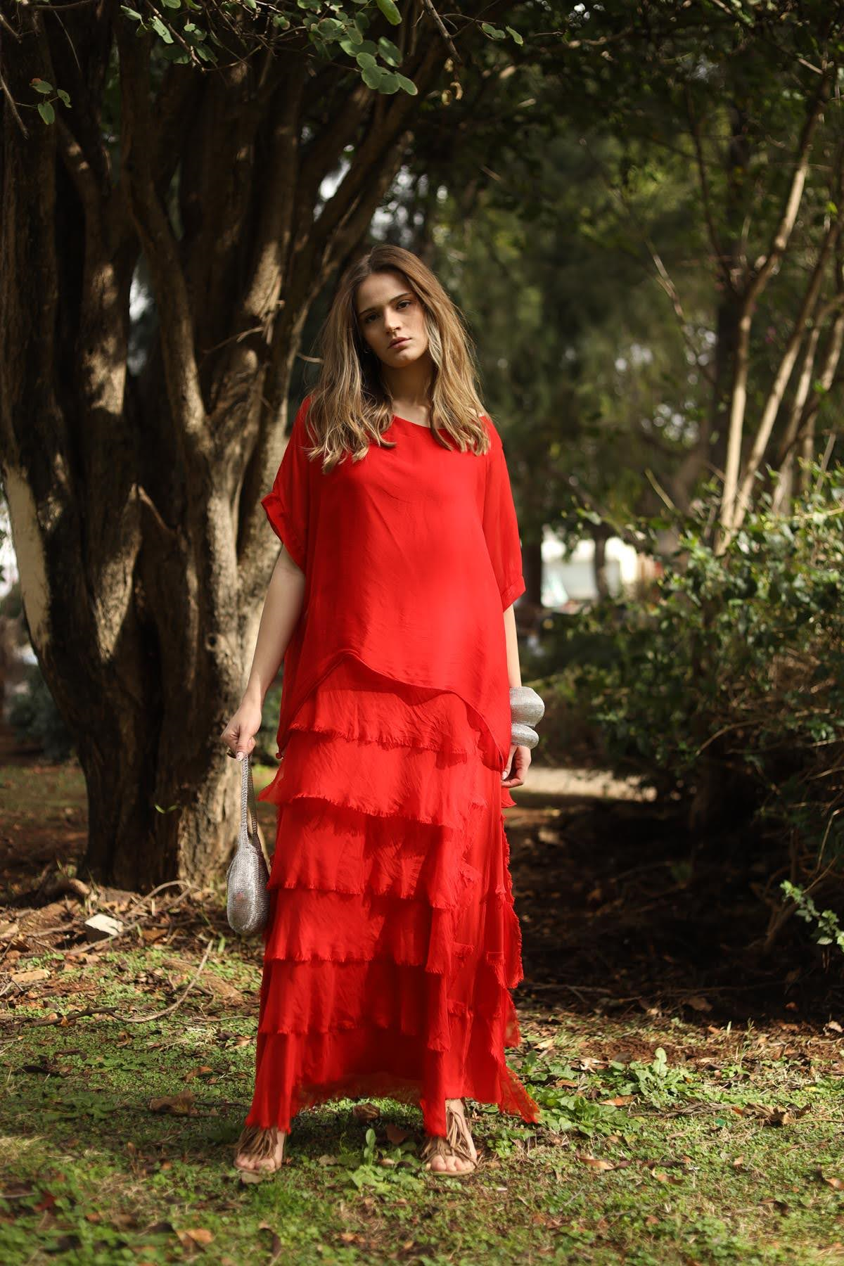 Narçiçeği Uzun Kollu Bluz Detaylı İpek Elbise