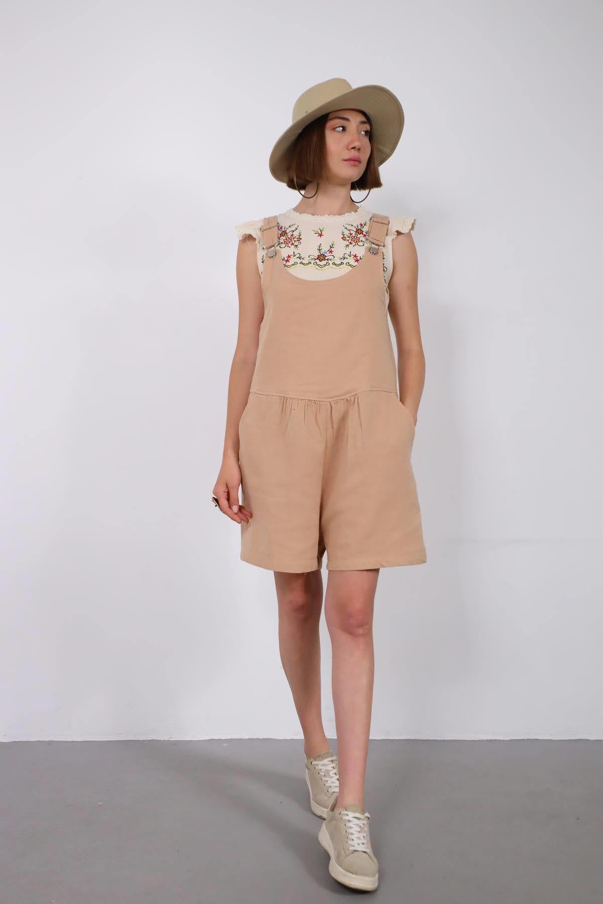Camel Short Linen Overall - Saman Butik | Shop Online Camel Short Linen Overall