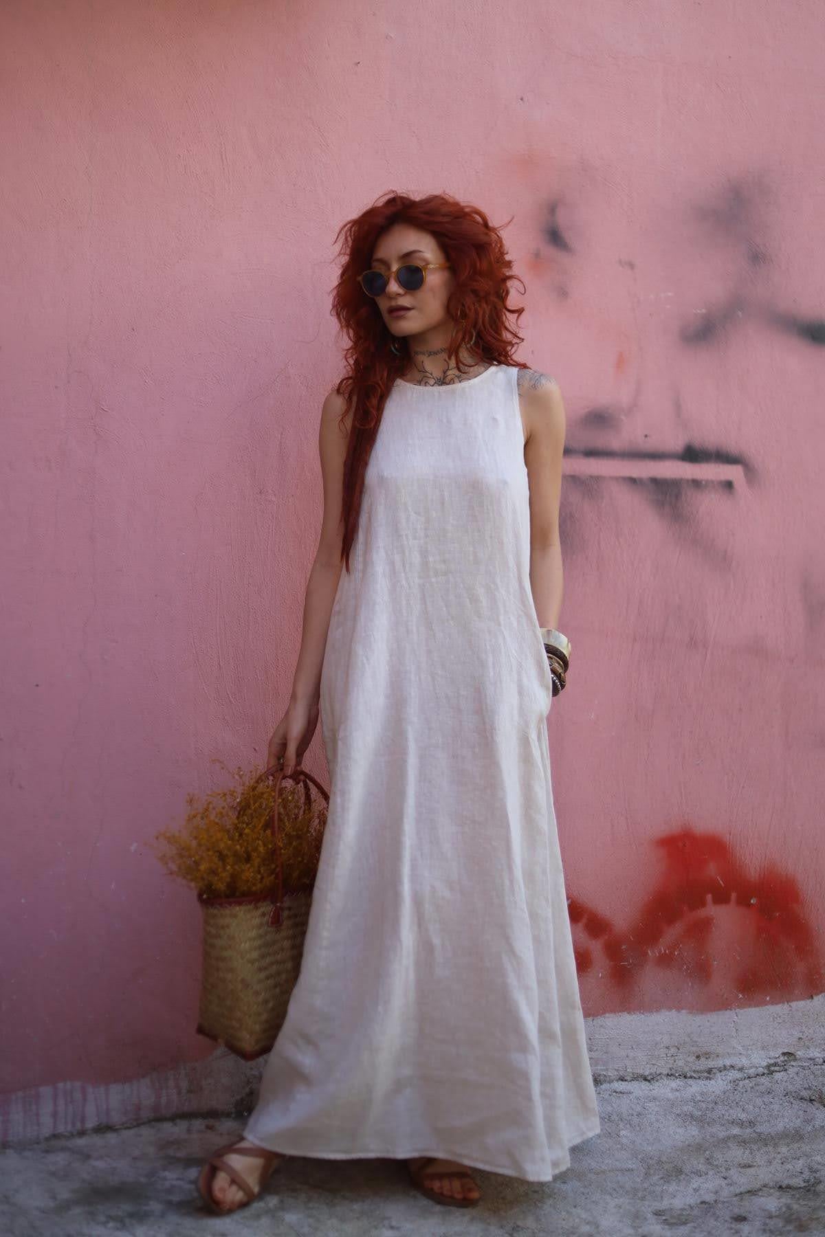 Krem Rengi Bisiklet Yaka Cepli Kolsuz Keten Elbise