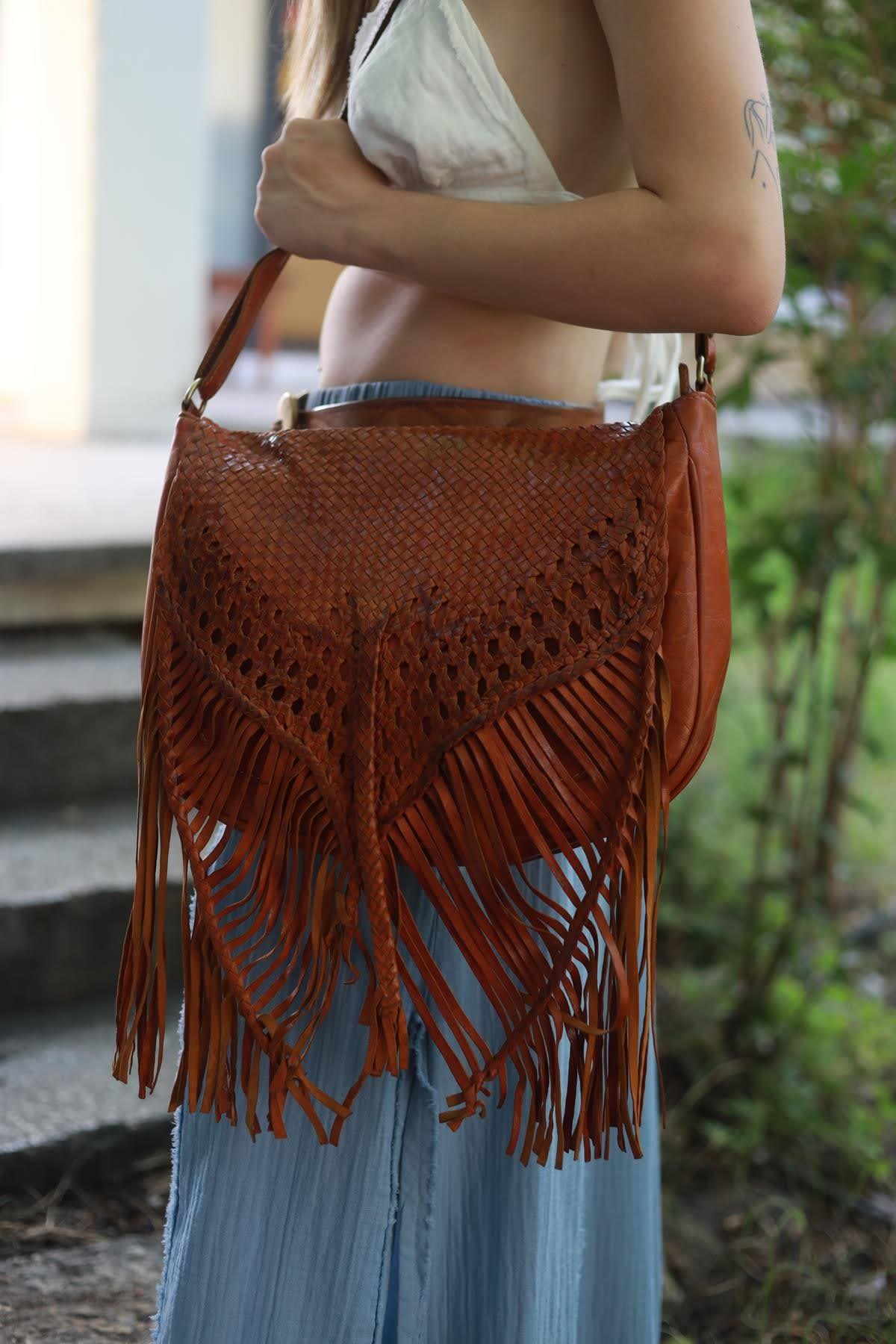Tan Tasseled Leather Woven Bag