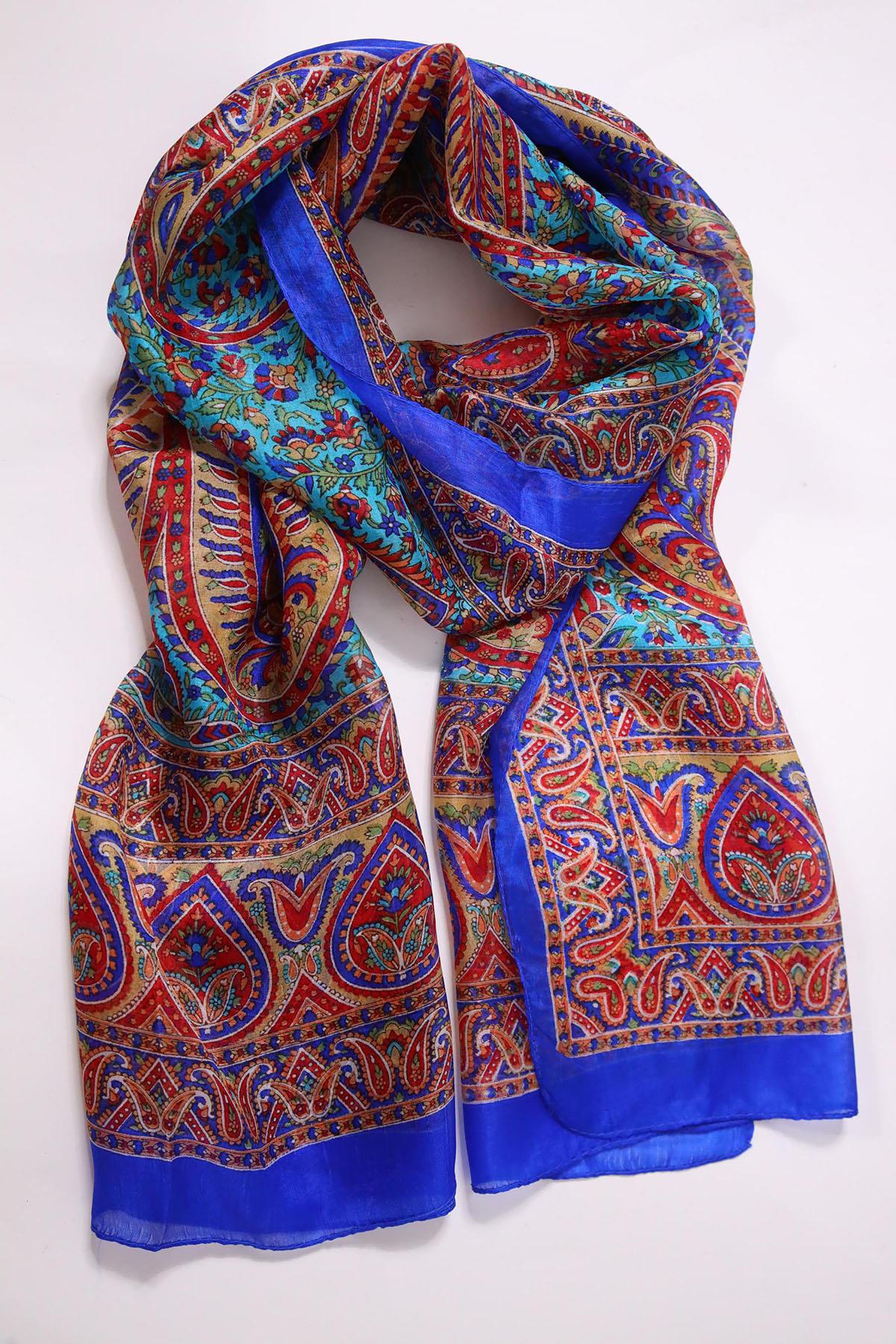 Saks Mavisi Desenli İpek Şal - Şaman Butik Saks Mavisi Desenli İpek Şal