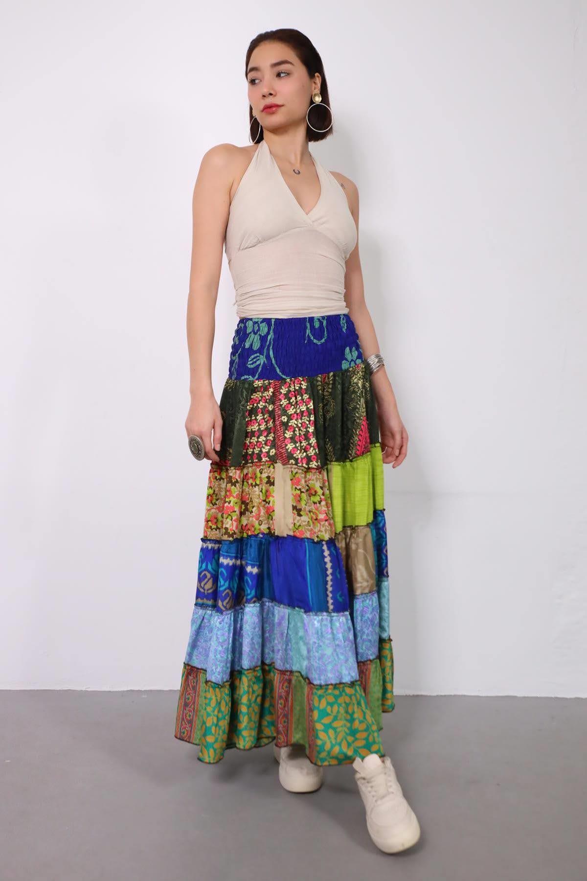 Renkli Beli Lastikli Otantik Desenli Patchwork Etek - Şaman Butik Renkli Beli Lastikli Otantik Desenli Patchwork Etek