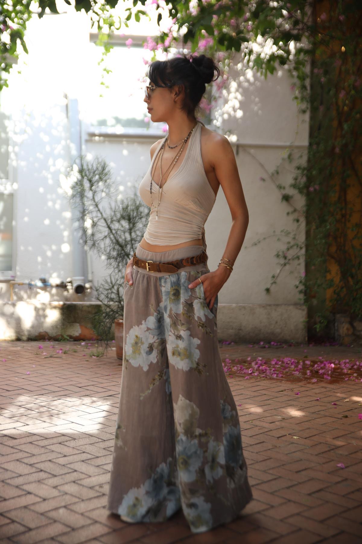 Vizon Rengi Çiçek Desenli Beli Lastikli Asena Pantolon