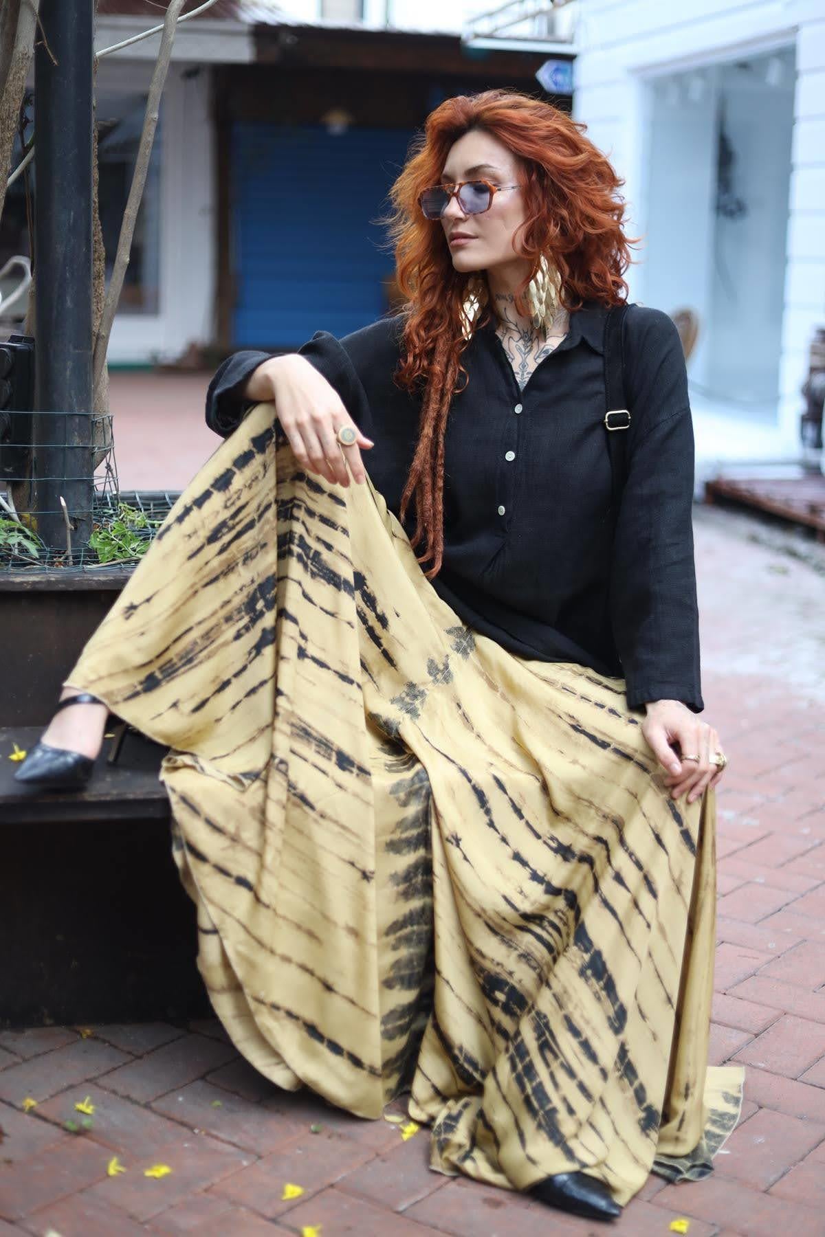 Bej Desenli İpek Pantolon Etek