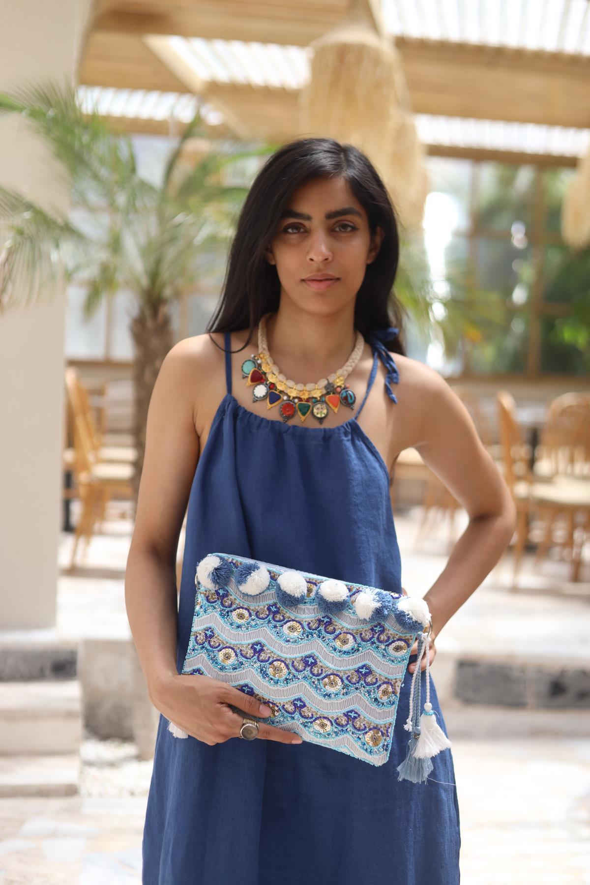 White Pom Pom Envelope Bag