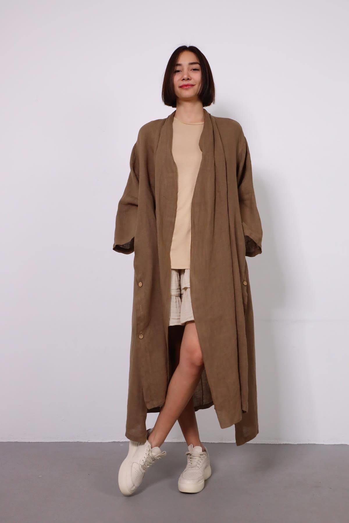 Toprak Rengi Düğme Detay Yırtmaçlı Keten Kaftan - Şaman Butik Toprak Rengi Düğme Detay Yırtmaçlı Keten Kaftan