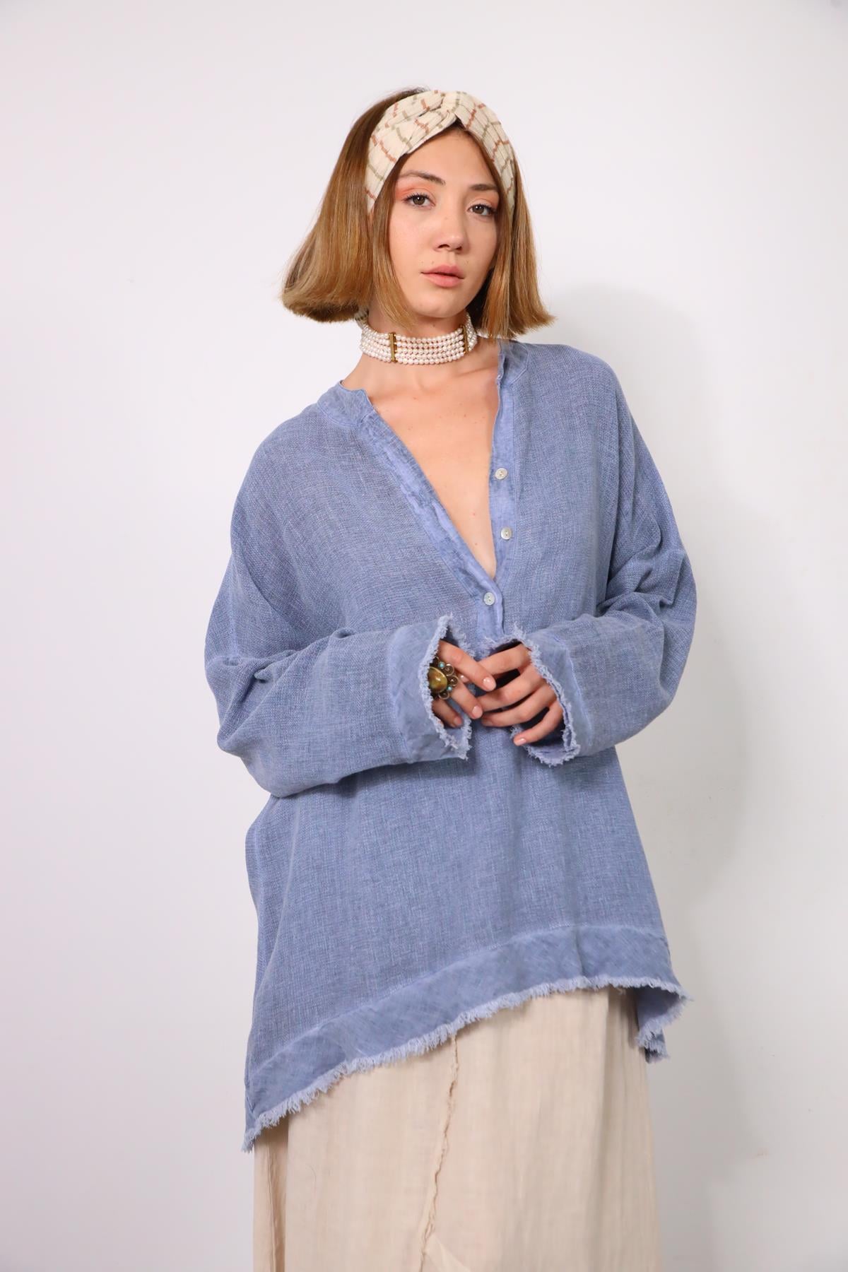 İndigo Mavi Püsküllü Keten Detaylı Hakim Yaka Tunik - Şaman Butik İndigo Mavi Püsküllü Keten Detaylı Hakim Yaka Tunik