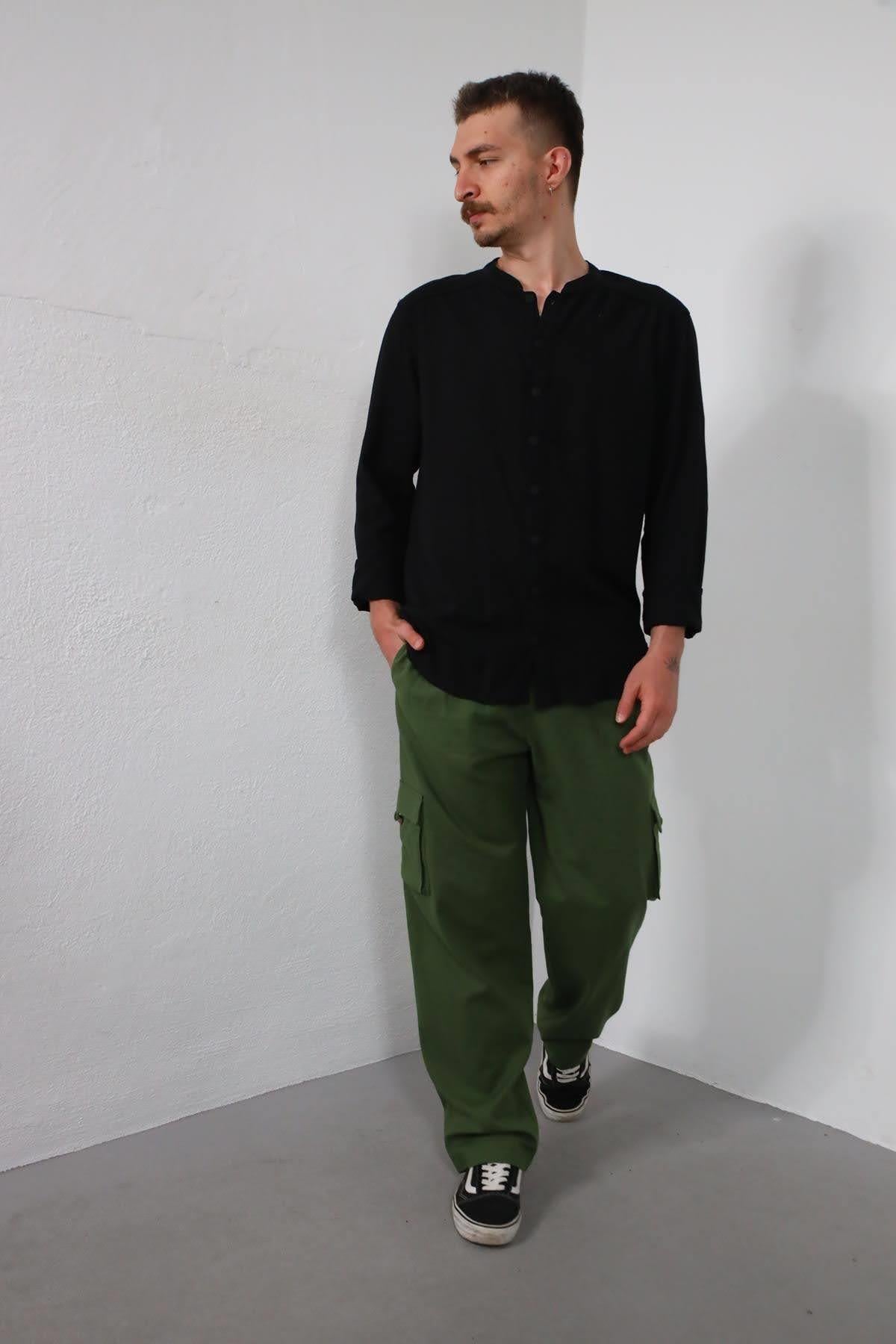 Khaki Men's Trousers with Side Pockets - Şaman Butik | Shop Online Khaki Men's Trousers with Side Pockets