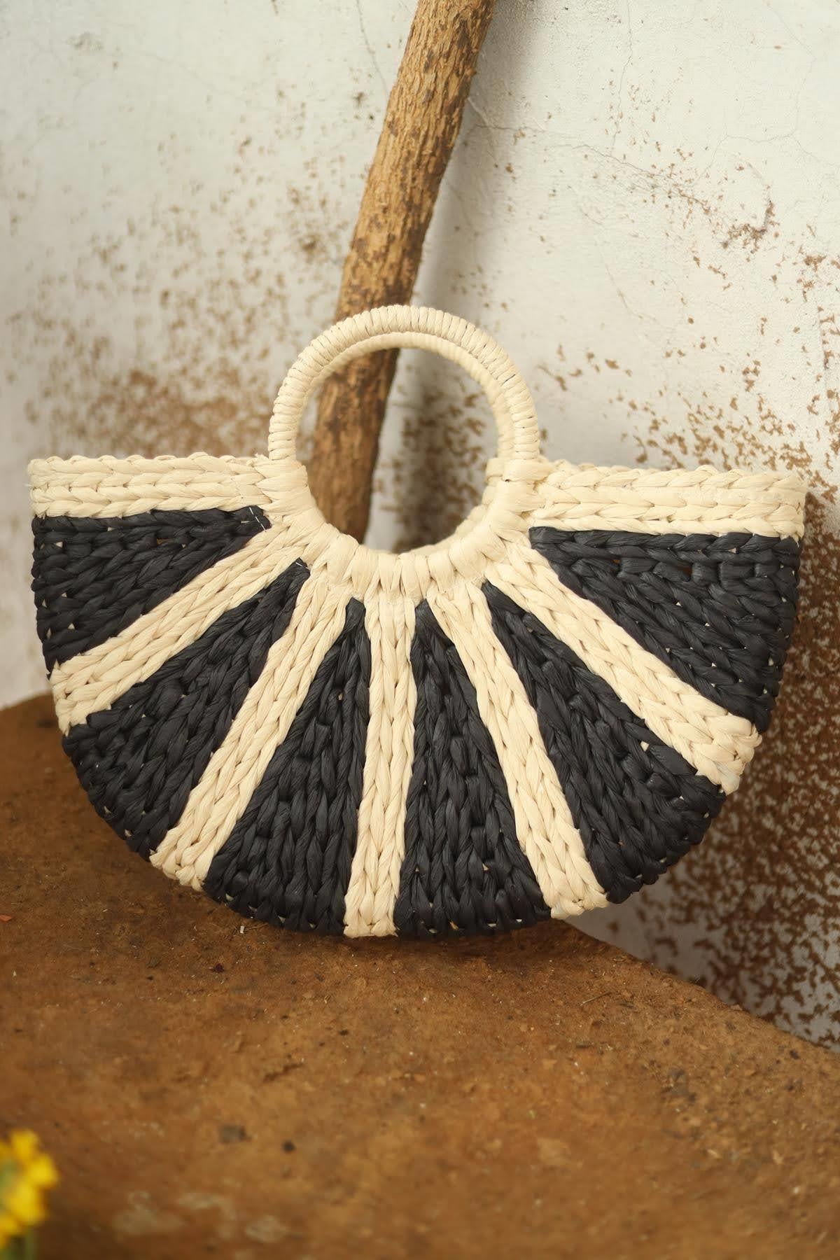 Black Striped Handmade Straw Bag