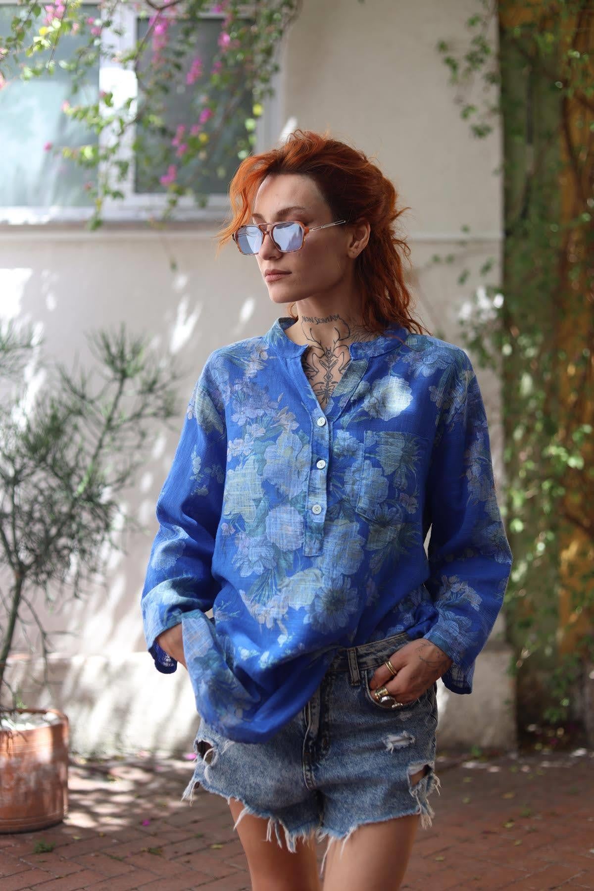 Sax Blue Flower Patterned Three Button Shirt