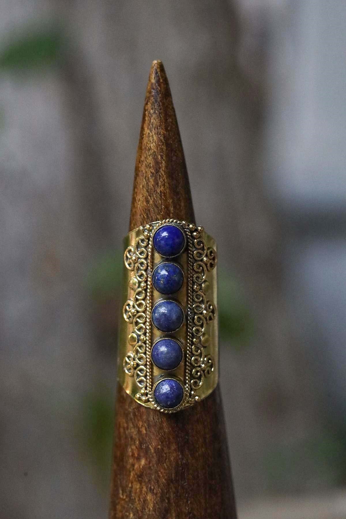 Antik Tasarım Lapis Lazuli Taşlı Pirinç Yüzük