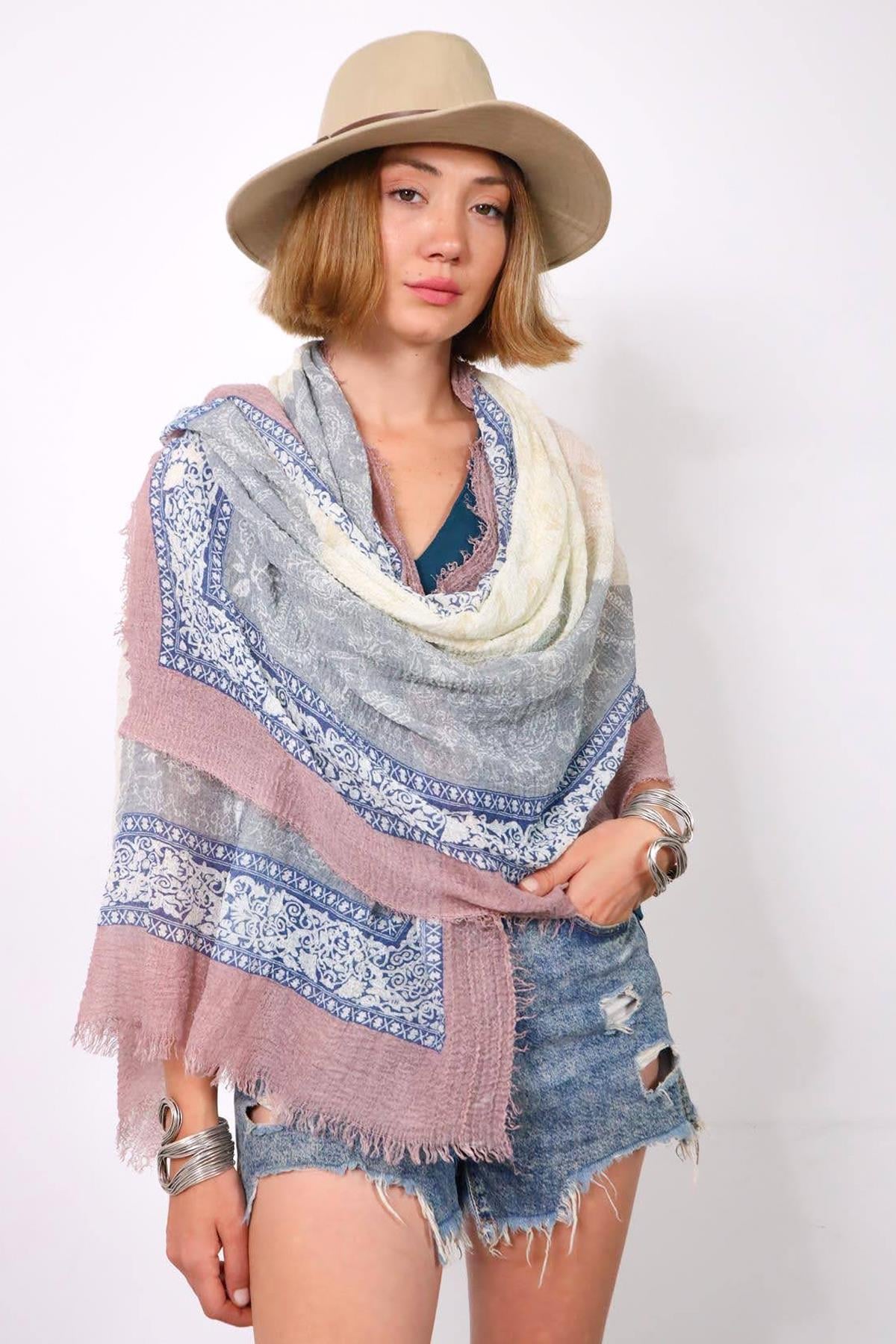 Gül Kurusu Desenli Saçaklı Şal - Şaman Butik Gül Kurusu Desenli Saçaklı Şal