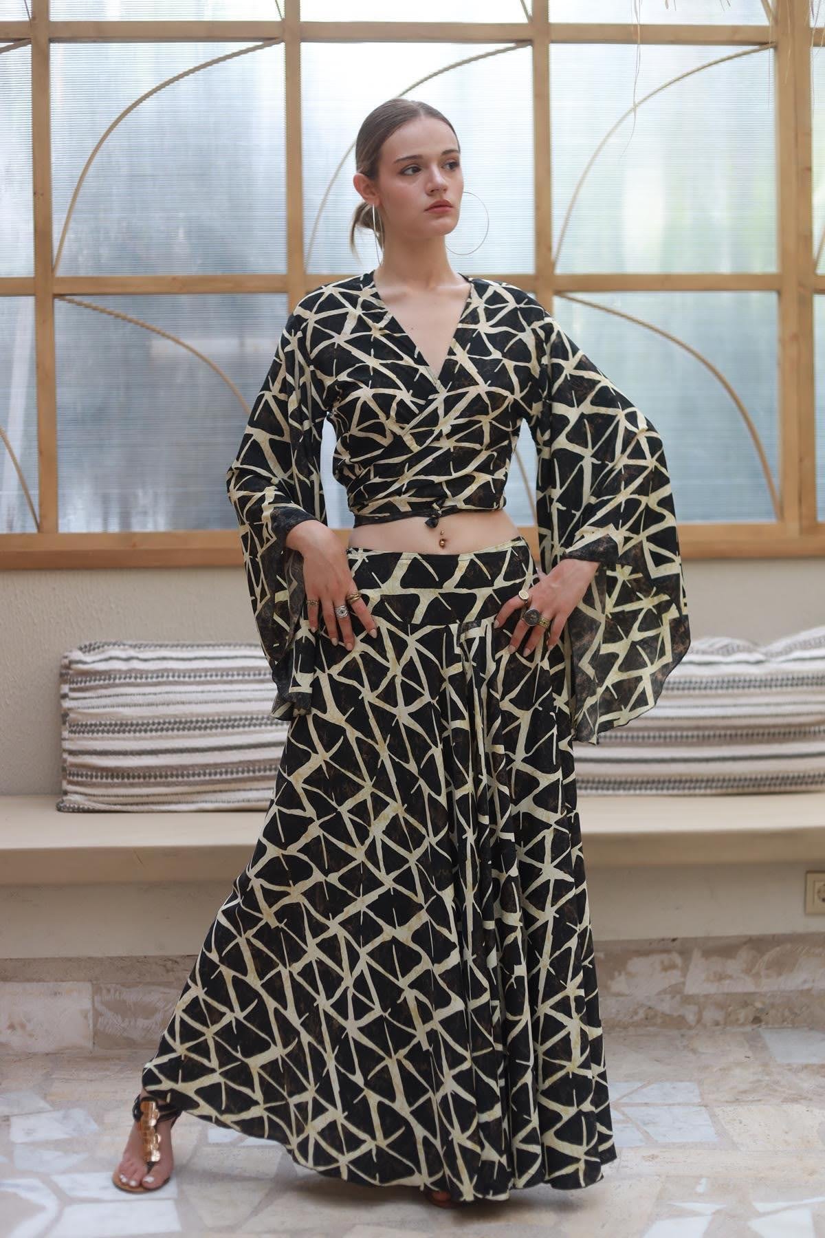 Black Patterned Silk Trouser Skirt