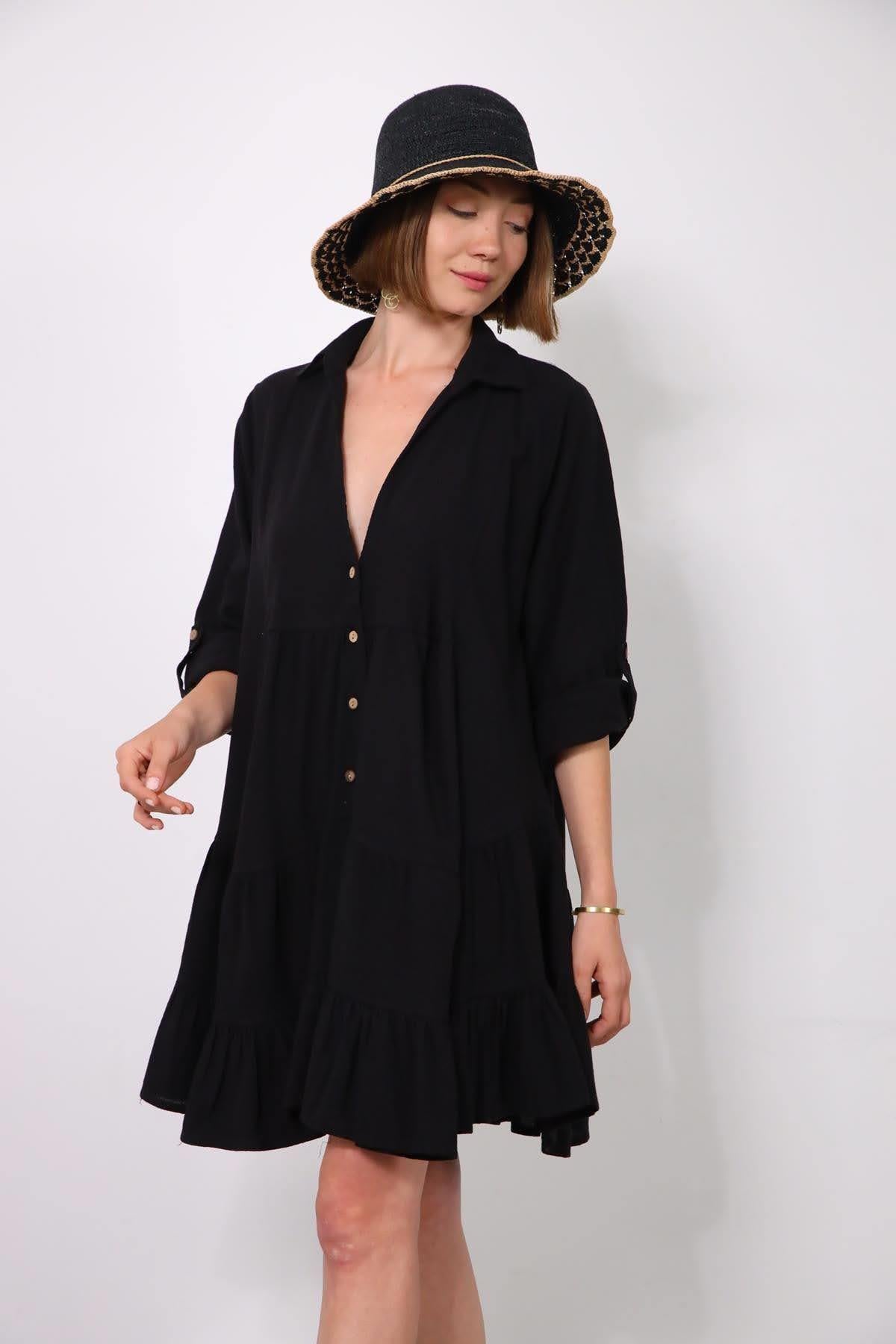 Siyah Keten Positano Elbise - Şaman Butik Siyah Keten Positano Elbise