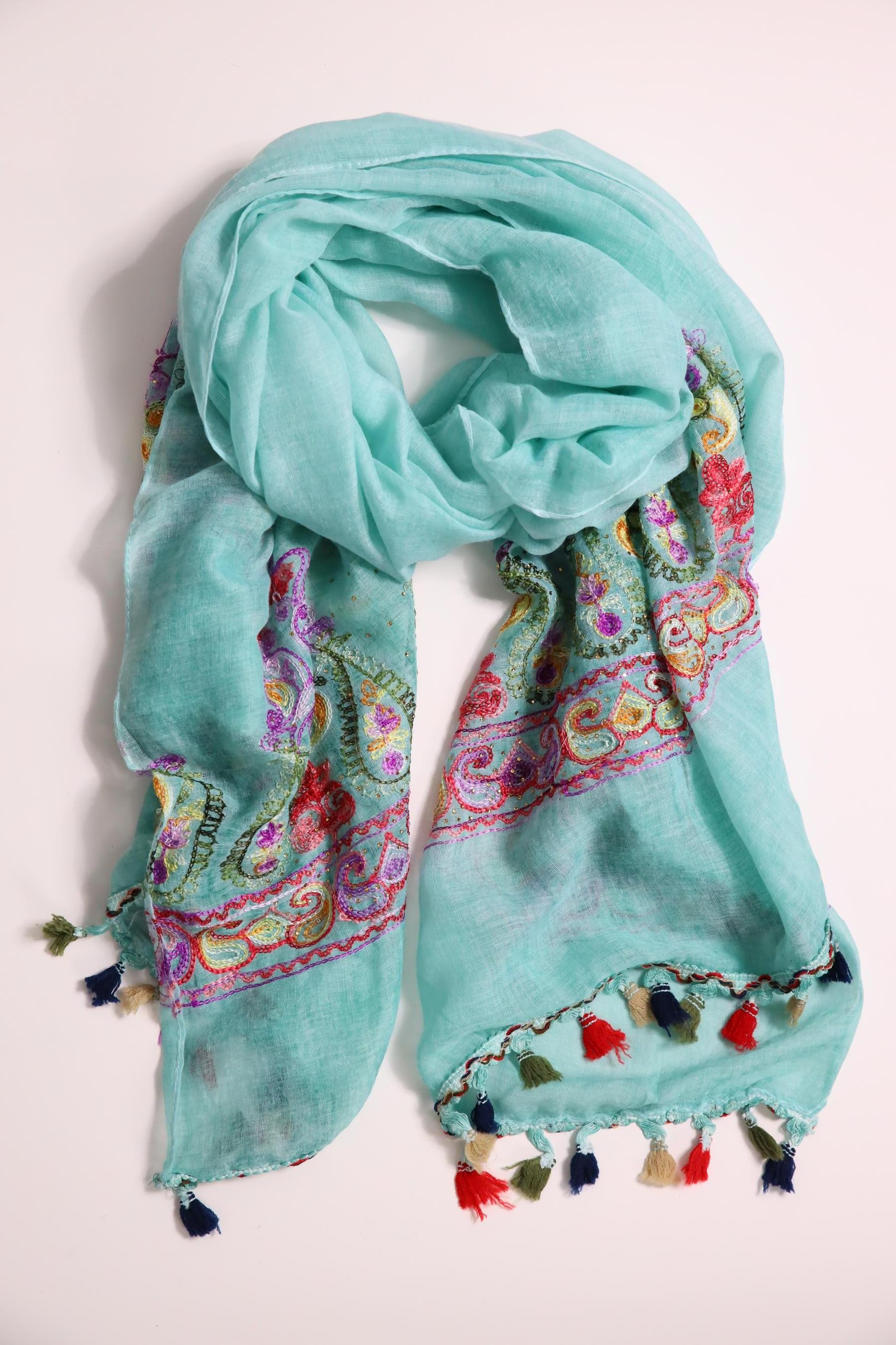  Turkuaz İşlemeli Boncuklu Şal