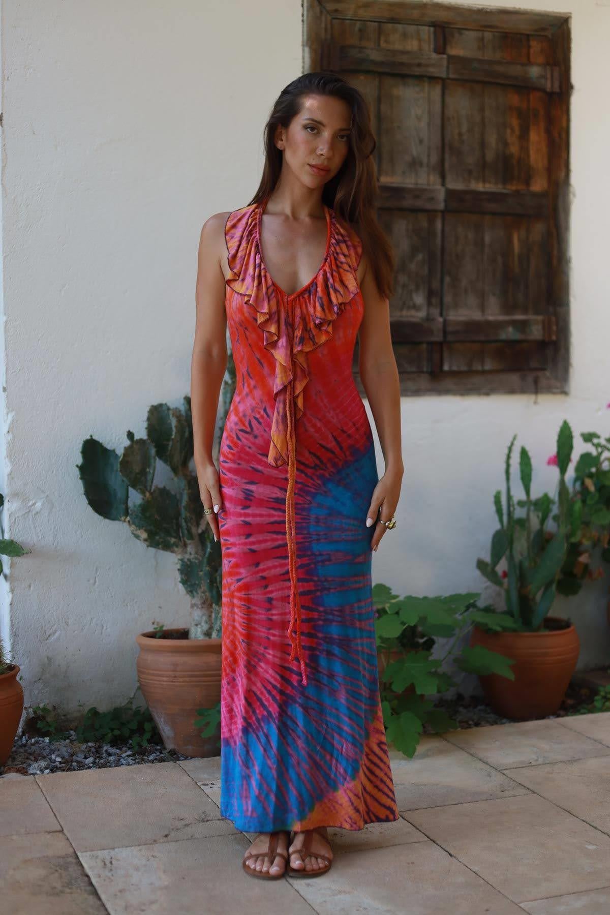 Pembe Batikli Örgü İp Bağlamalı Otantik Elbise