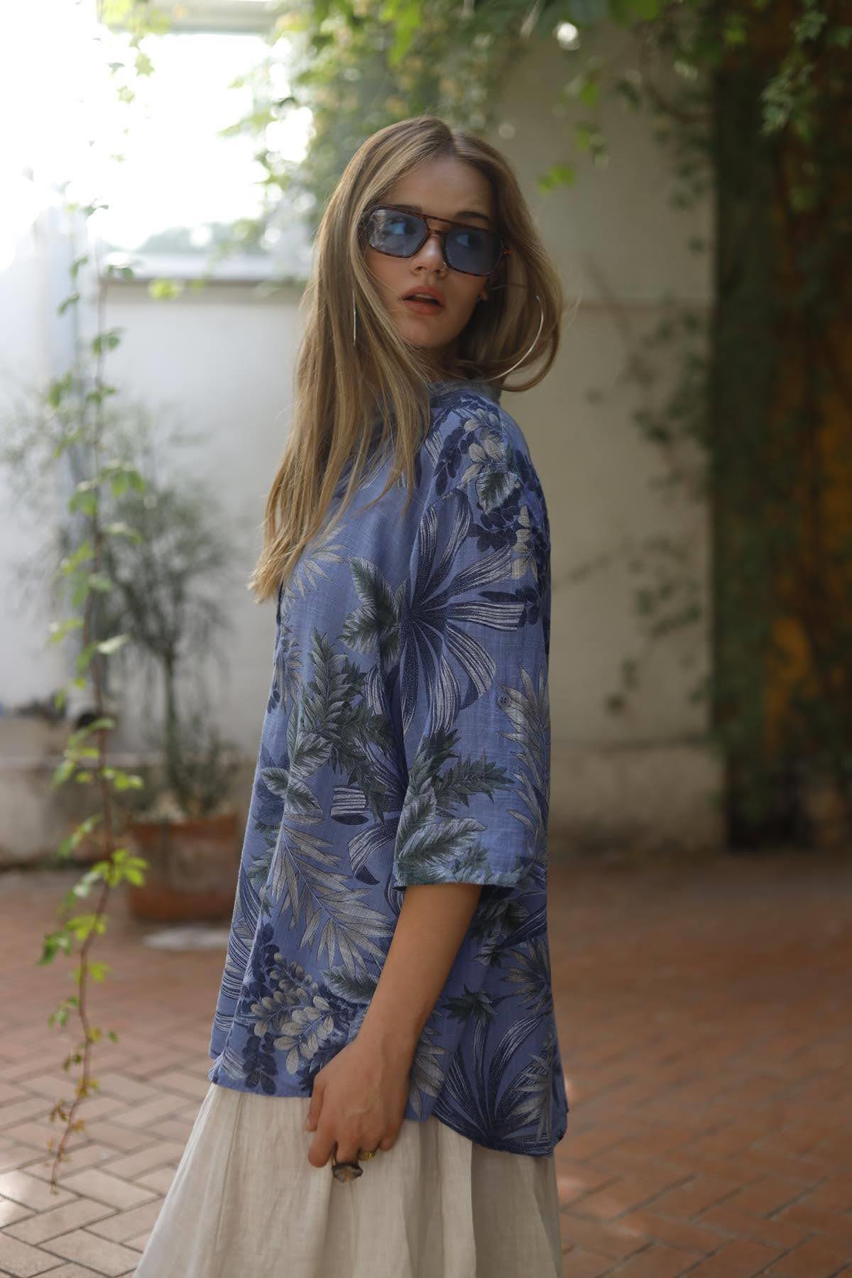 Indigo Blue Three Buttoned Floral Patterned Shirt