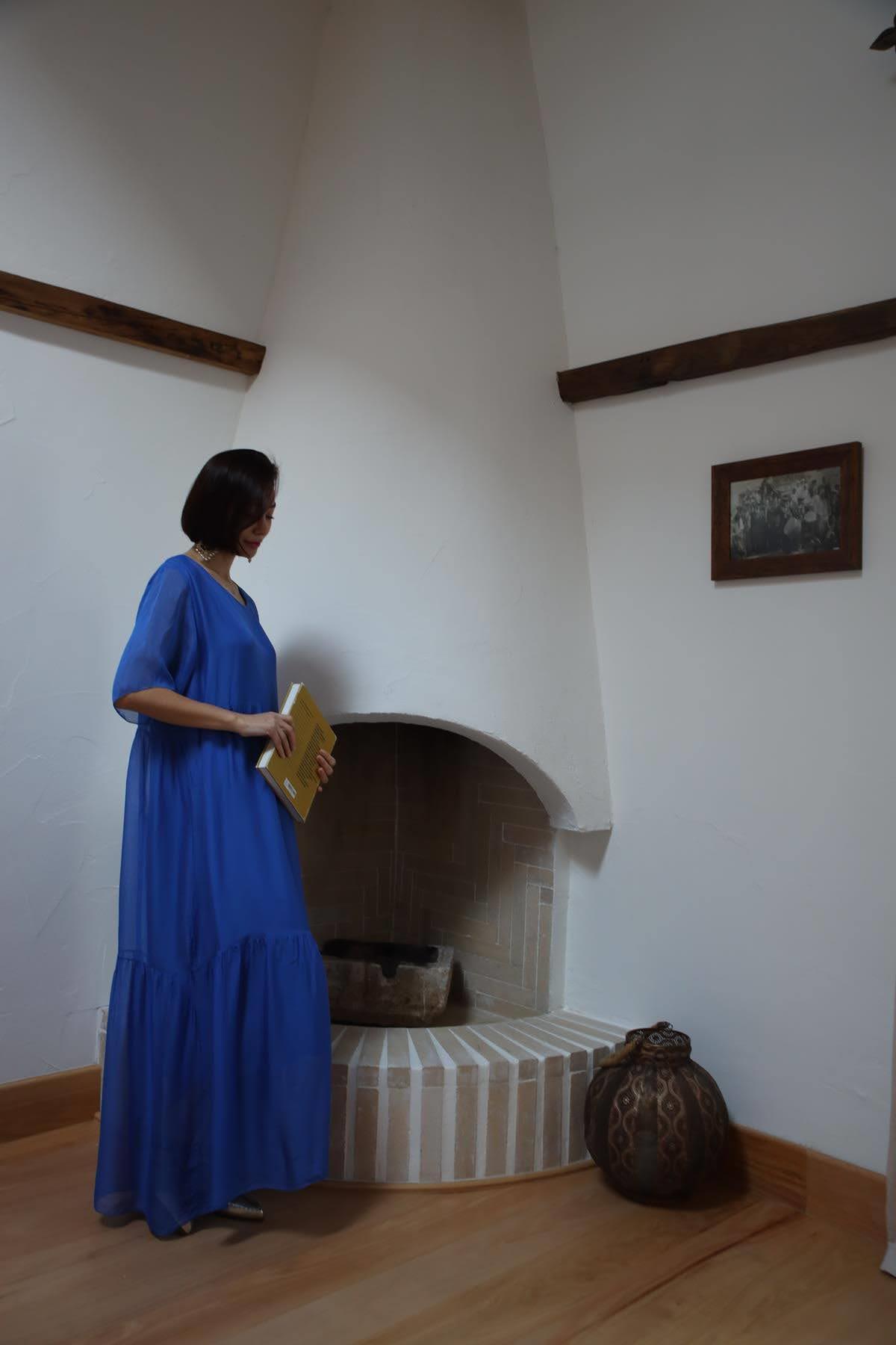 Saks Mavisi Kolları Kısa Şık İpek Elbise - Şaman Butik Saks Mavisi Kolları Kısa Şık İpek Elbise