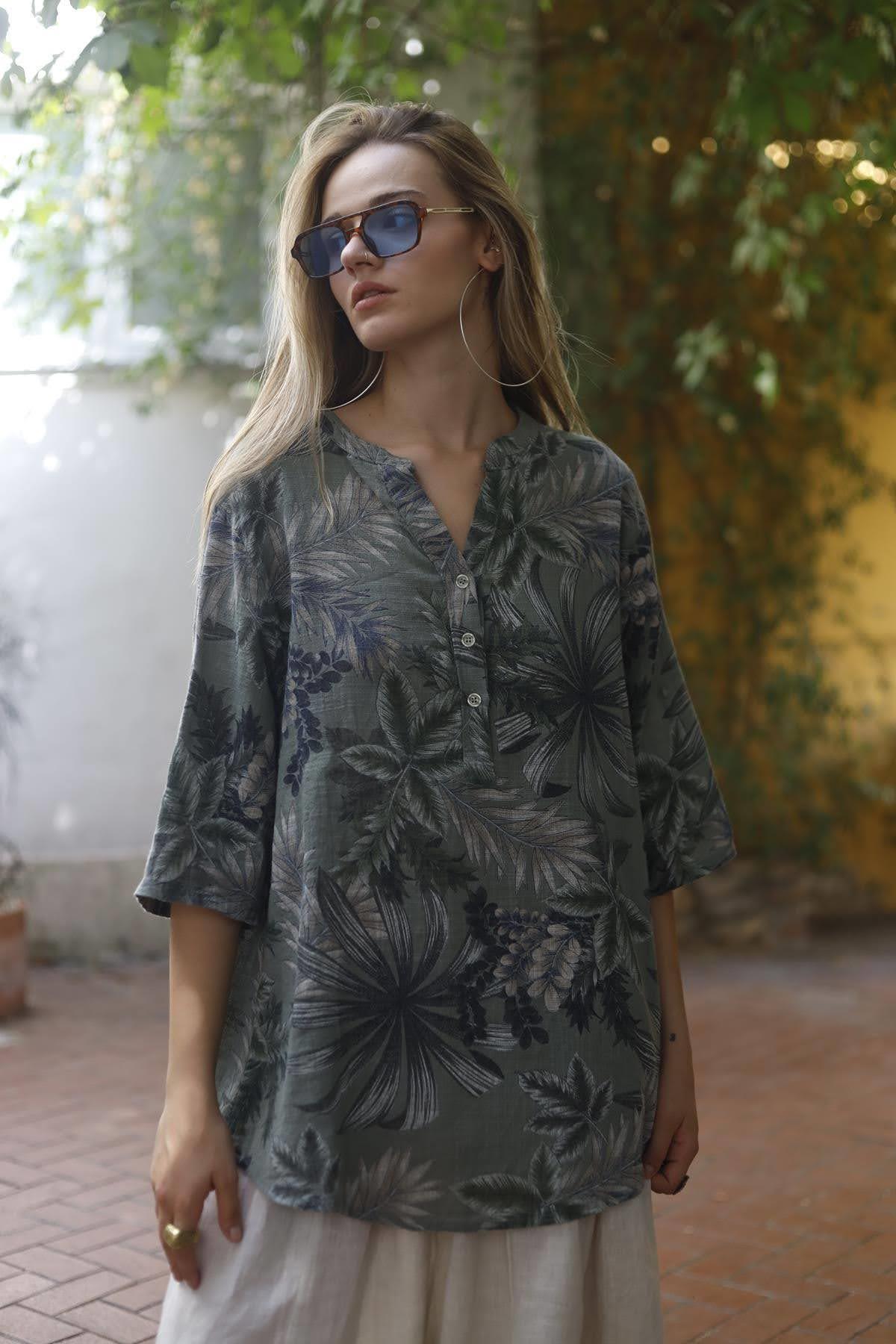 Khaki Three Buttoned Floral Patterned Shirt