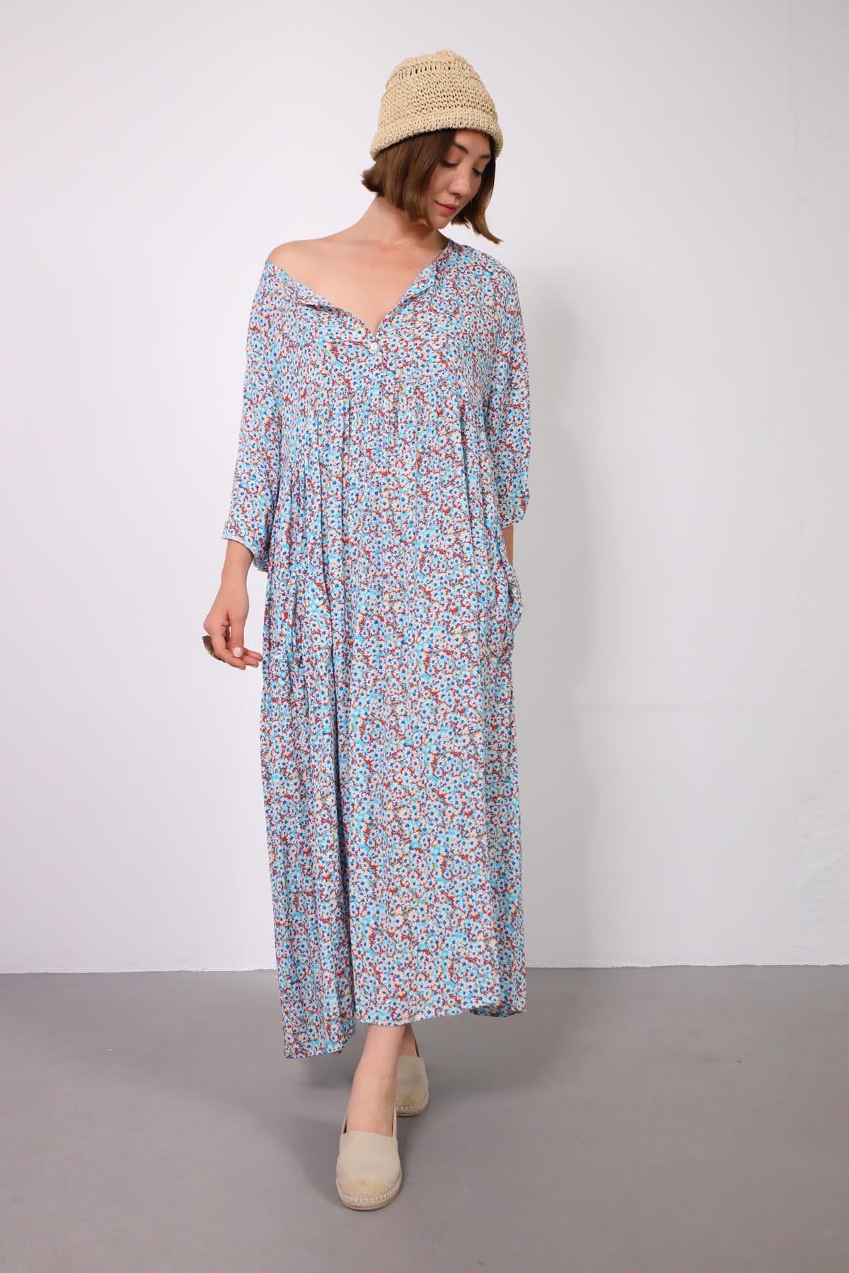 Turkuaz Çiçekli Önü Düğmeli Elbise - Şaman Butik Turkuaz Çiçekli Önü Düğmeli Elbise