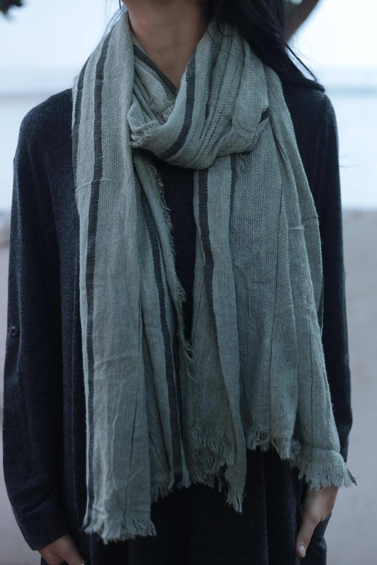 Haki Çizgili Yünlü Pamuk Şal