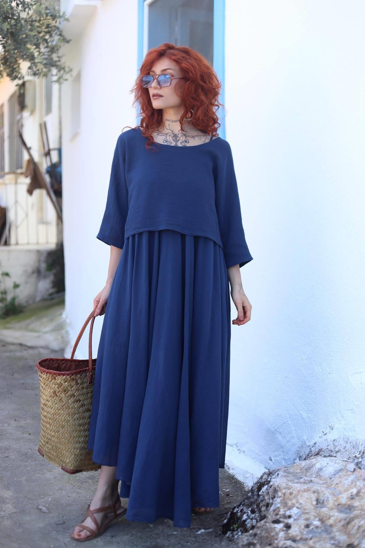 Lacivert Askılı Bluz Detaylı Elbise