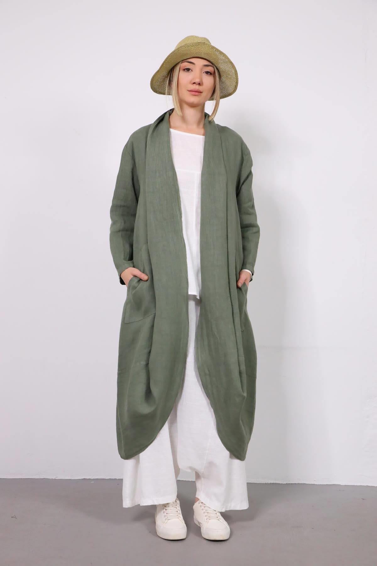 Haki Cepli Arkası Dikiş Detaylı Keten Kaftan - Şaman Butik Haki Cepli Arkası Dikiş Detaylı Keten Kaftan