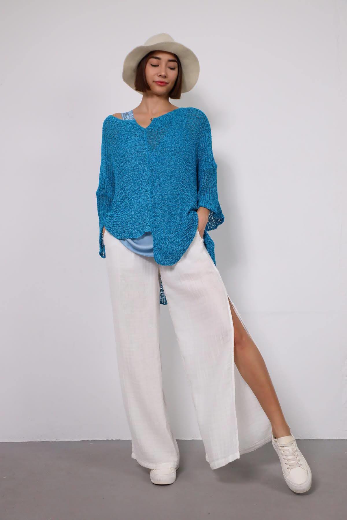 Beyaz Yırtmaçlı Müslin Pantolon - Şaman Butik Beyaz Yırtmaçlı Müslin Pantolon