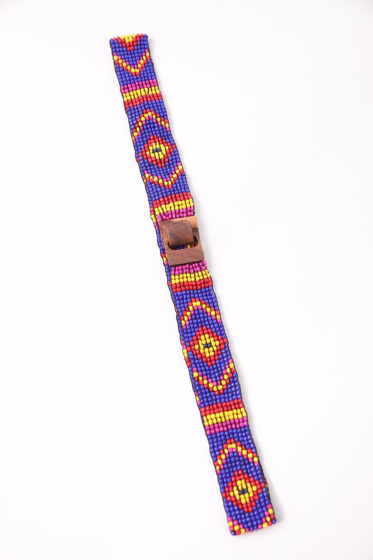 Sax Blue Wooden Buckle Beaded Thin Elastic Belt