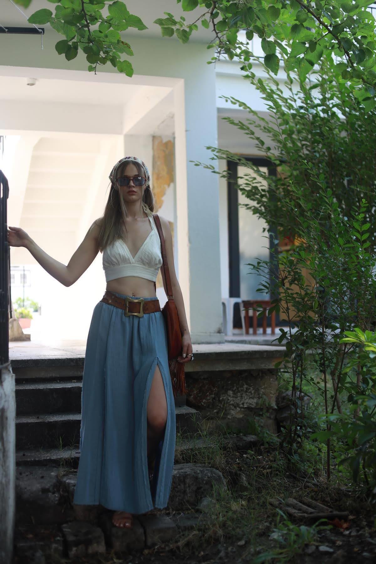 İndigo Mavi Püsküllü Yırtmaçlı Etek