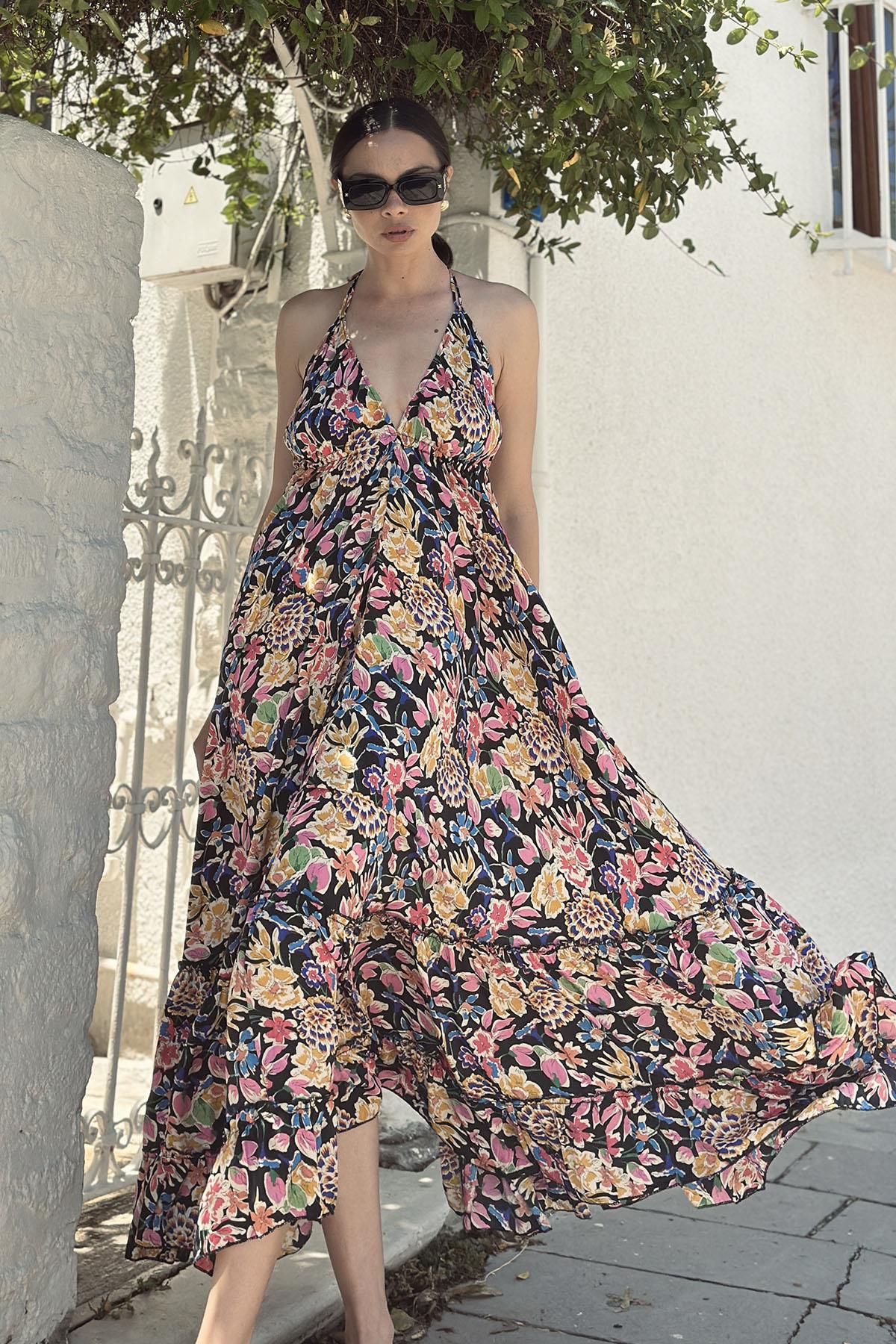 Black Patterned Backless Silk Dress