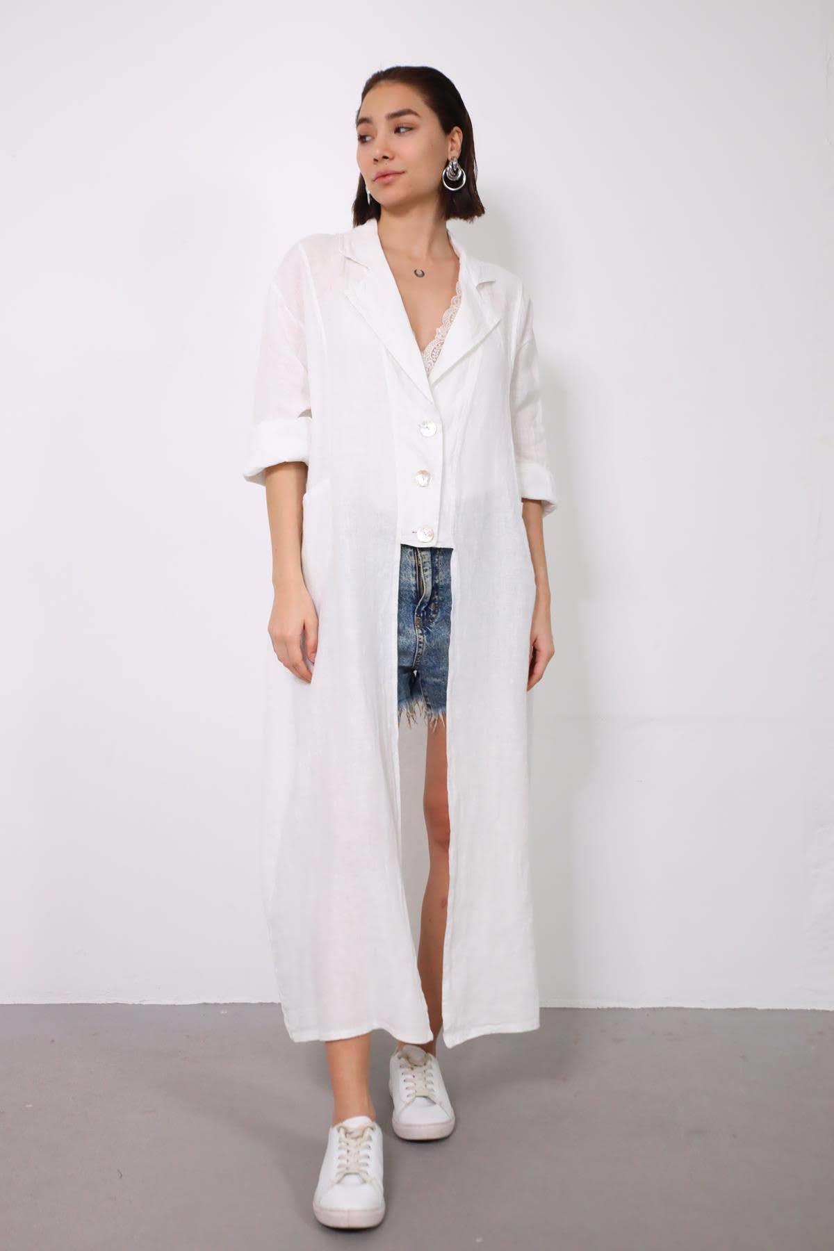 Beyaz Yakalı Üç Düğmeli Keten Kap - Şaman Butik Beyaz Yakalı Üç Düğmeli Keten Kap