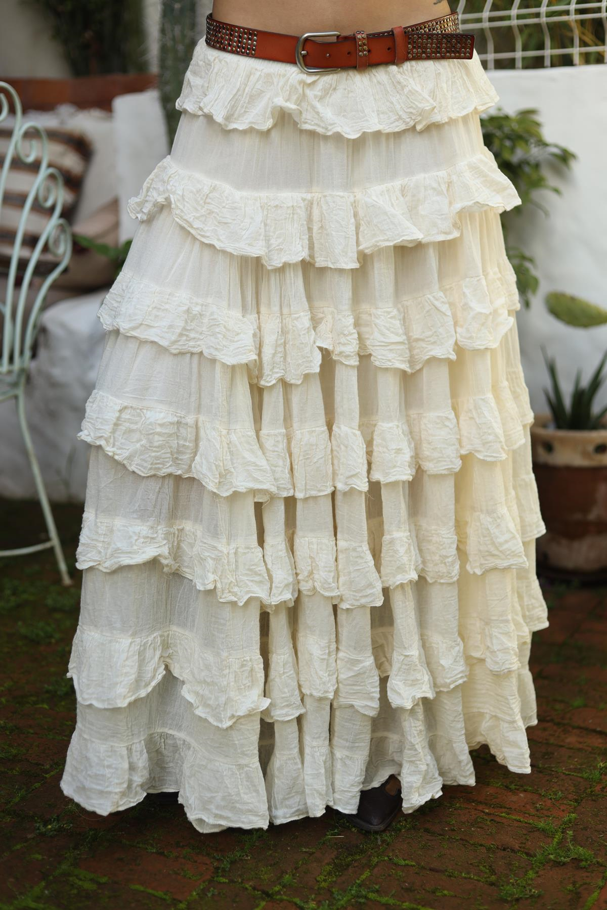 Ekru Kat Kat Volanlı Bohem Etek