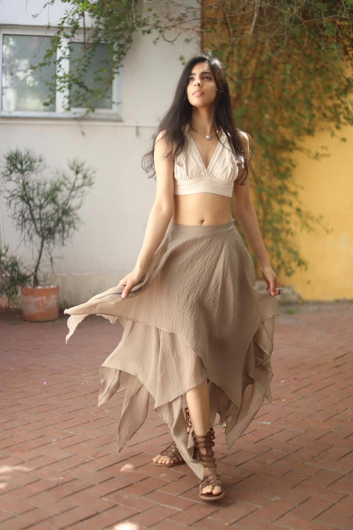 Vizon Rengi Beli Fermuarlı Asimetrik Kesim Etek