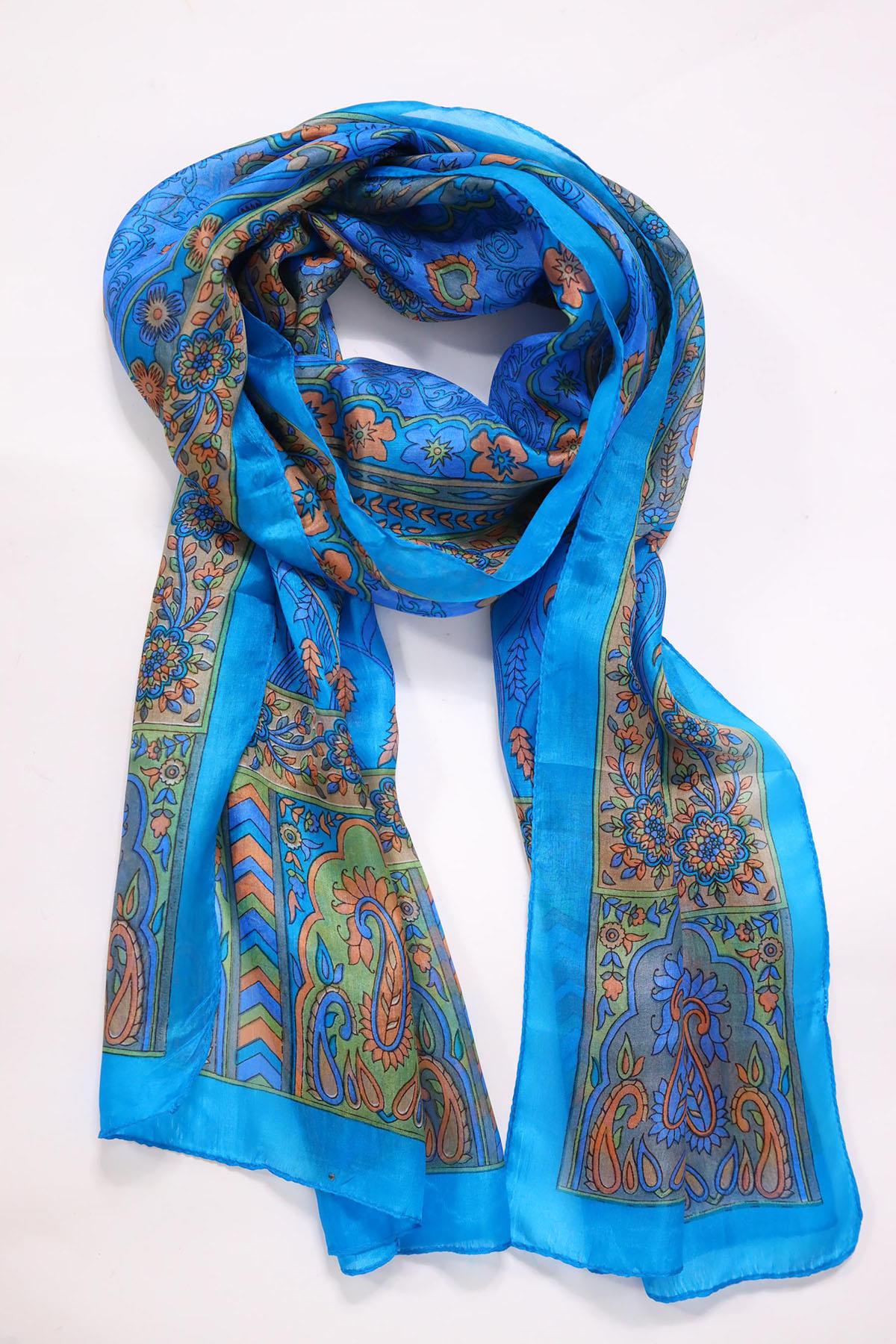Turkuaz Desenli İpek Şal - Şaman Butik Turkuaz Desenli İpek Şal