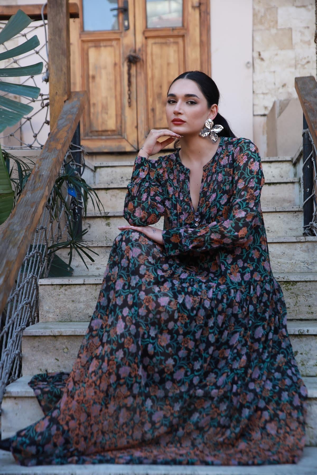 Black V Neck Floral Patterned Chiffon Dress