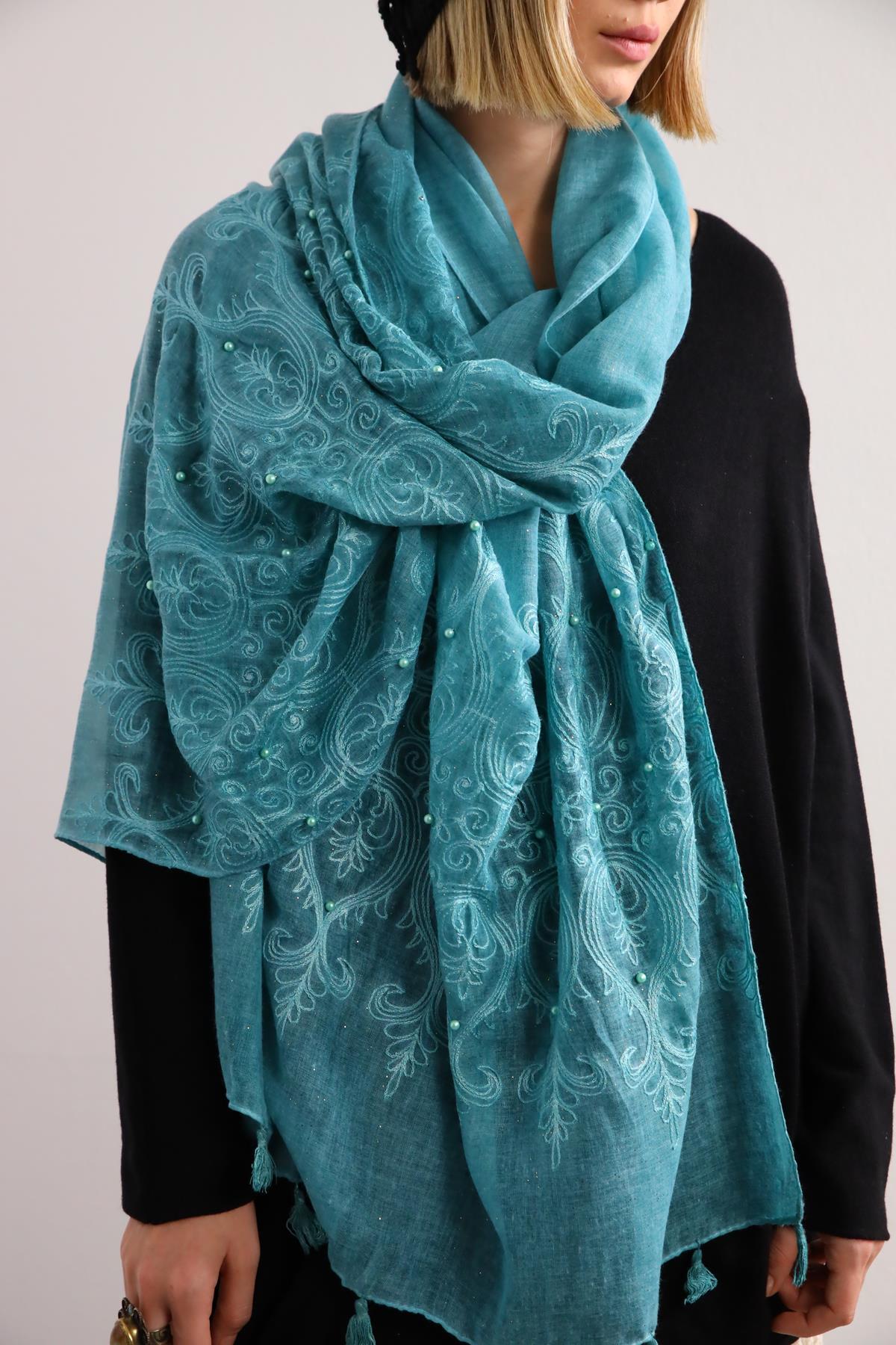 Turkuaz Simli İnci İşlemeli Şal - Şaman Butik Turkuaz Simli İnci İşlemeli Şal