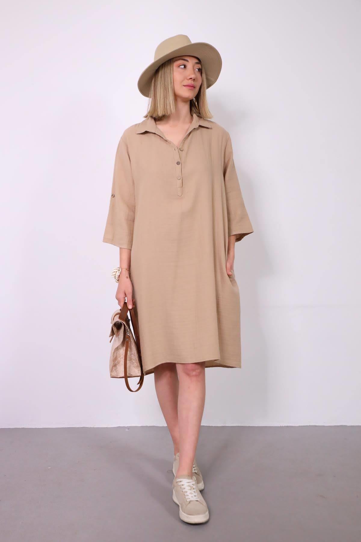 Sütlü Kahve Yarım Düğmeli Müslin Gömlek Elbise - Şaman Butik Sütlü Kahve Yarım Düğmeli Müslin Gömlek Elbise