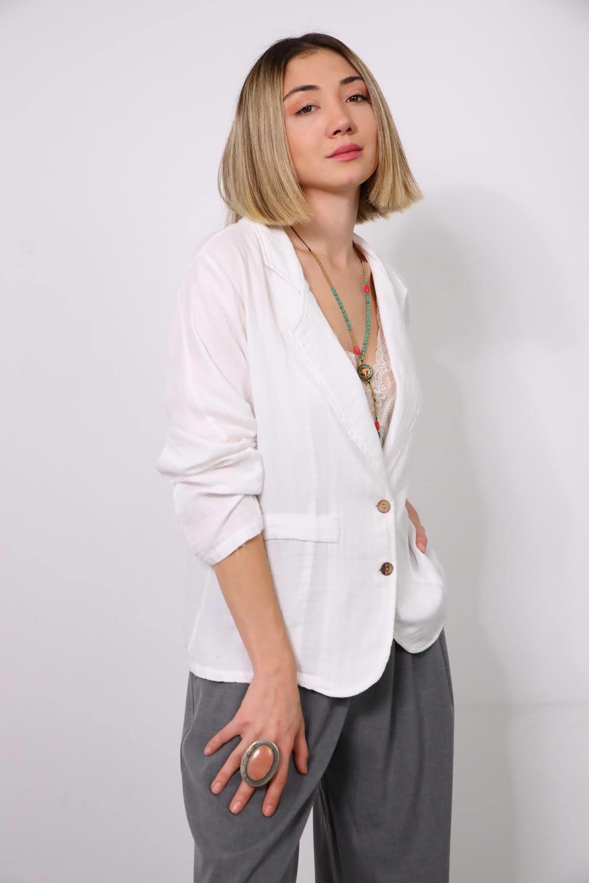 Beyaz Müslin Blazer Ceket - Şaman Butik Beyaz Müslin Blazer Ceket