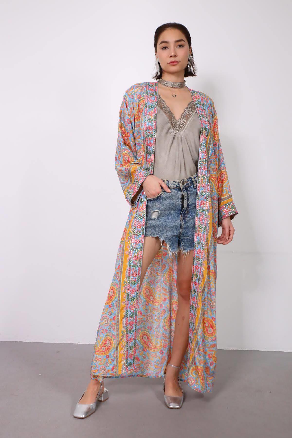 Açık Mavi Ayna İşlemeli Otantik İpek Kimono - Şaman Butik Açık Mavi Ayna İşlemeli Otantik İpek Kimono