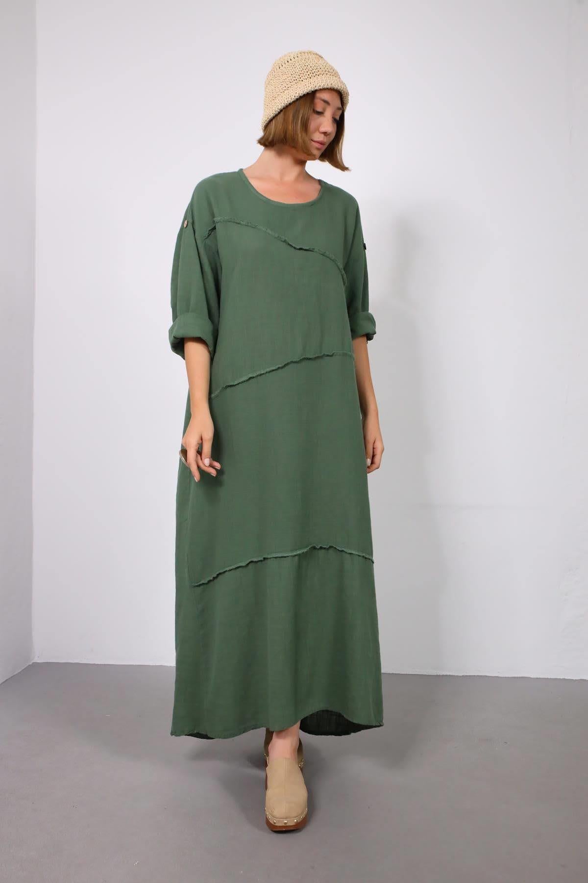 Haki Önü Dikişli Kolları Apoletli Elbise - Şaman Butik Haki Önü Dikişli Kolları Apoletli Elbise