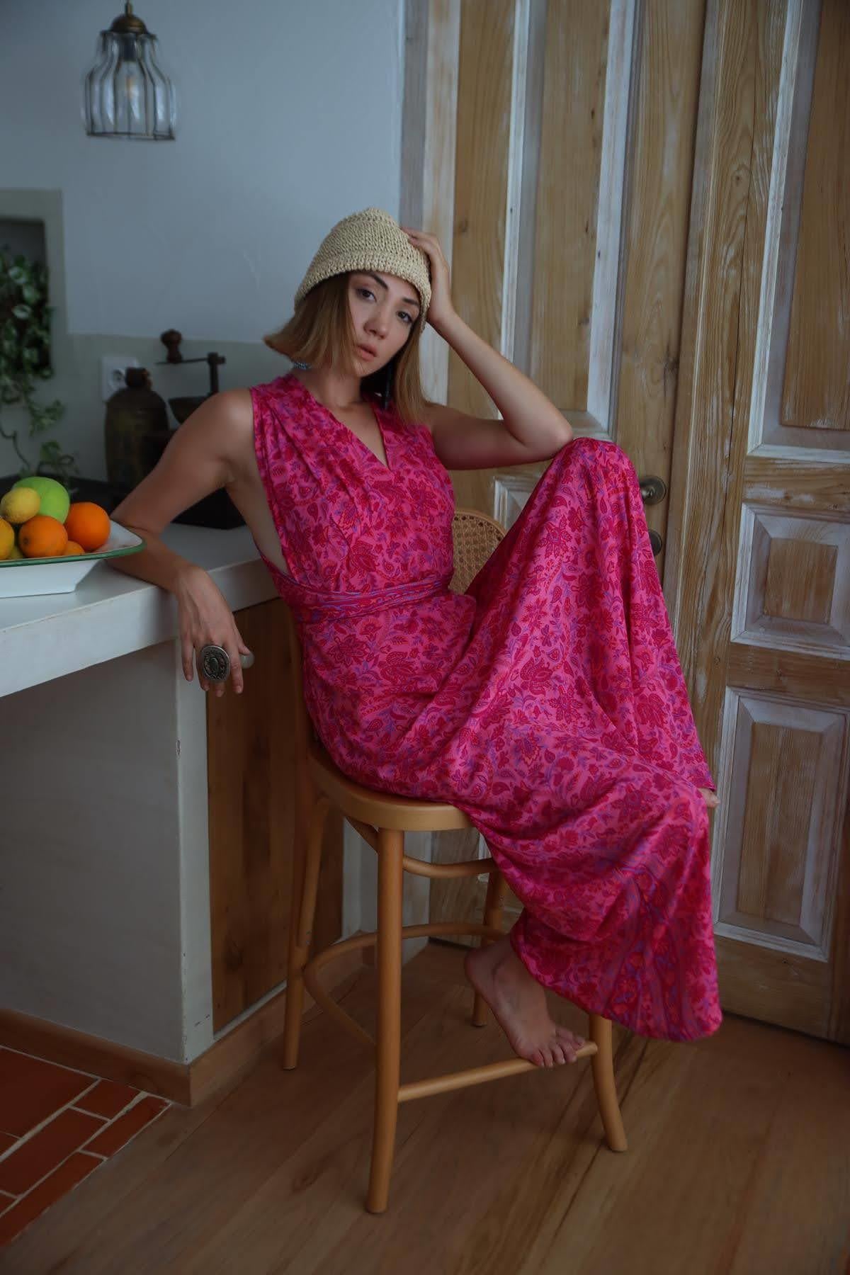 Fuşya Boyundan Bağlamalı Evaze Etek İpek Elbise - Şaman Butik Fuşya Boyundan Bağlamalı Evaze Etek İpek Elbise