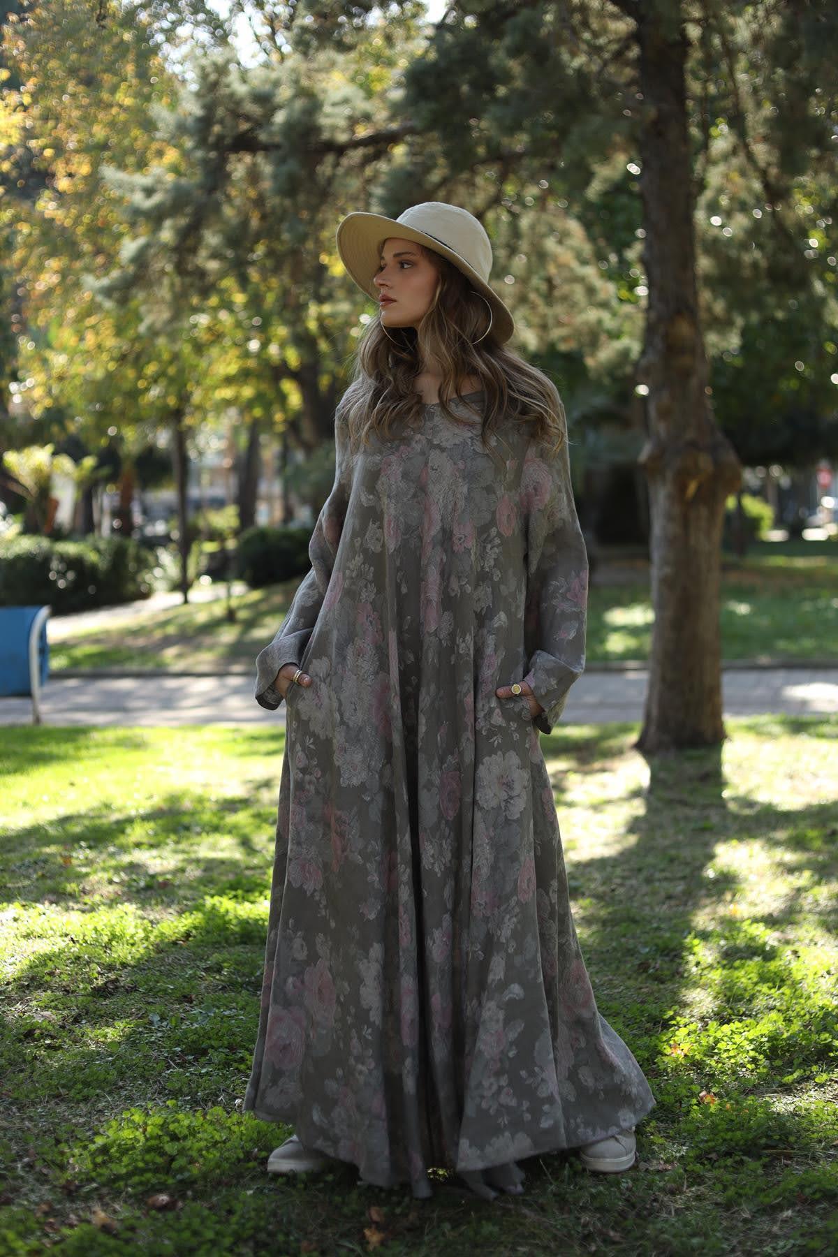 Vizon Rengi Desenli Önü Arkası V Keten Elbise