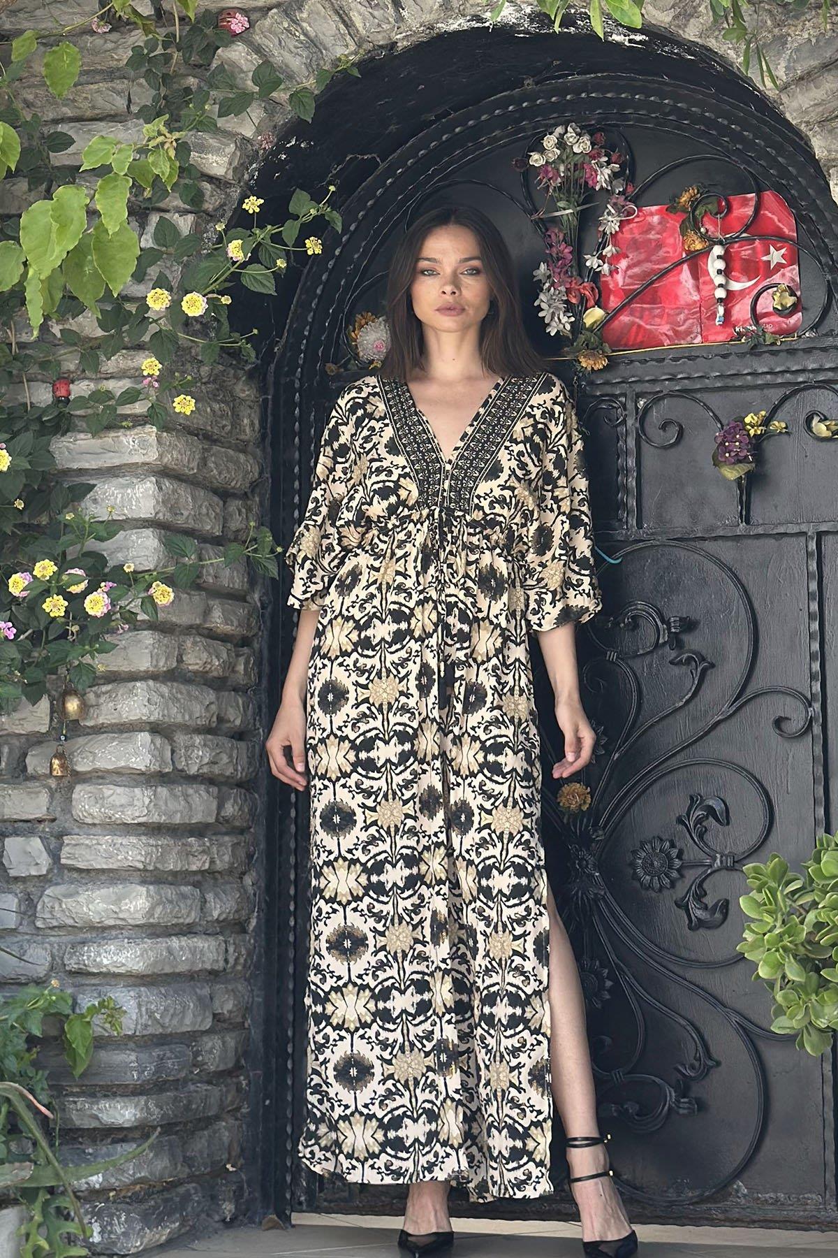 Cream Color V Neck Pleated Waist Silk Dress