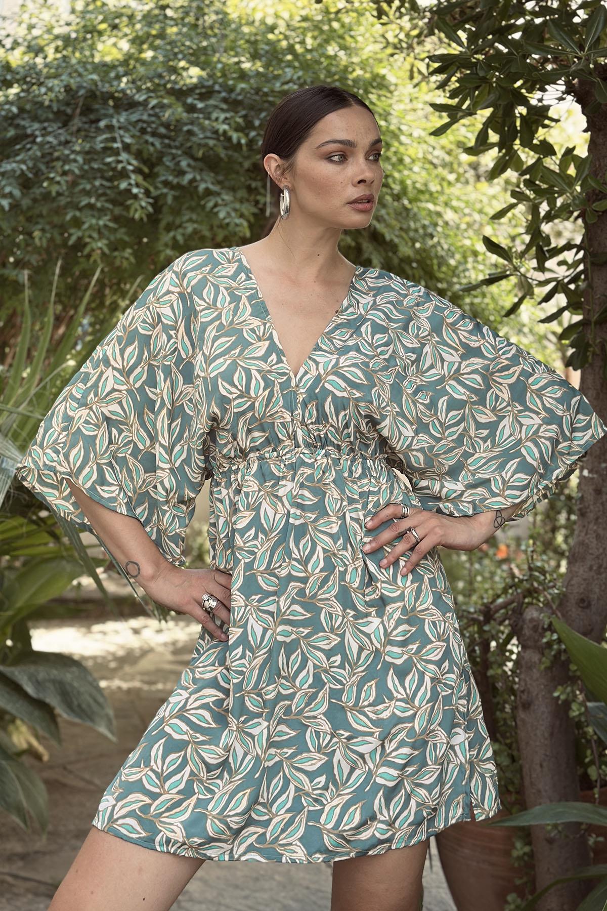 Petrol Green V Neck Mini Silk Dress