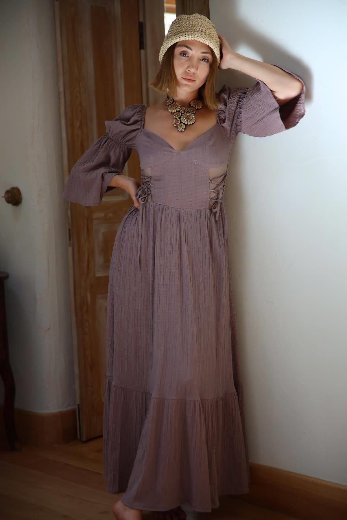 Vizon Rengi Düşük Kol Balenli Uzun Gofre Elbise - Şaman Butik Vizon Rengi Düşük Kol Balenli Uzun Gofre Elbise