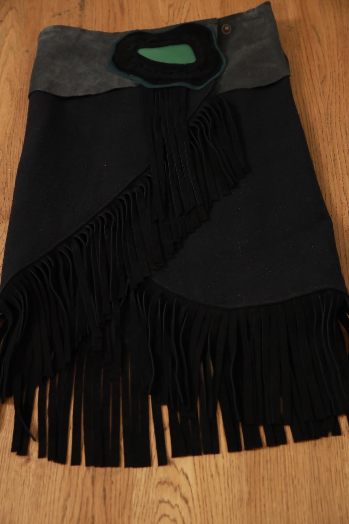 Black Stone Detail Fringed Suede Skirt