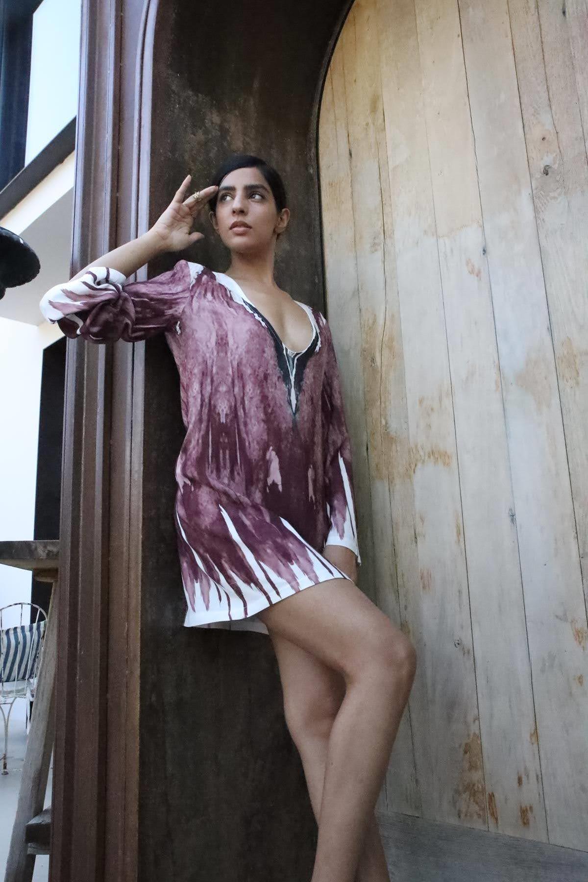 Bordo Desenli Derin Bisiklet Yaka İspanyol Kol Tunik - Şaman Butik Bordo Desenli Derin Bisiklet Yaka İspanyol Kol Tunik